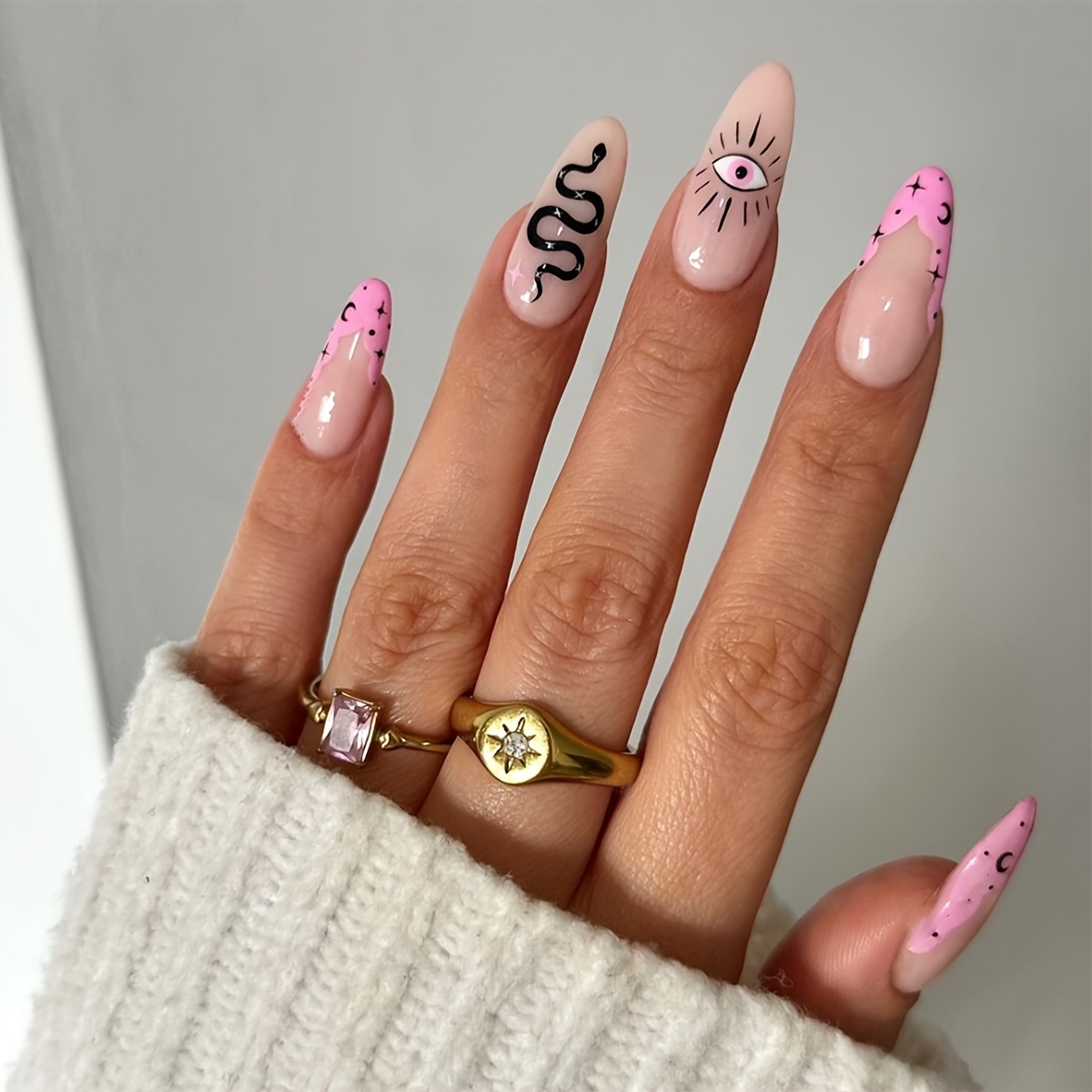 TEMU 24pcs Faux Ongles à Coller Style Mystique, Longueur Moyenne-Longue Nude Base Rose-Violet Faux Ongles Français, Autocollants d'Ongles avec Motif