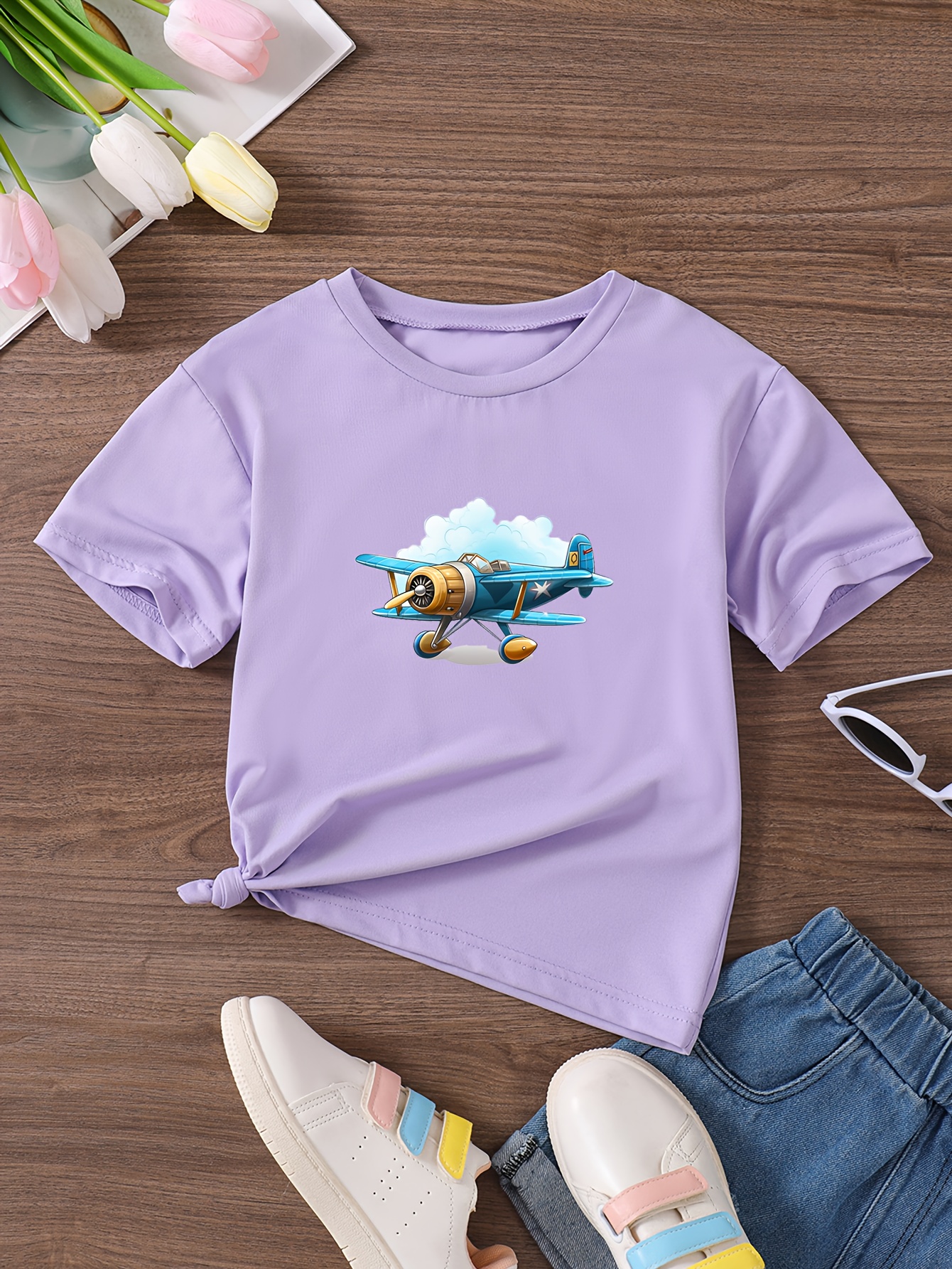 girls airplane print summer t shirt cute airplane clouds Temu