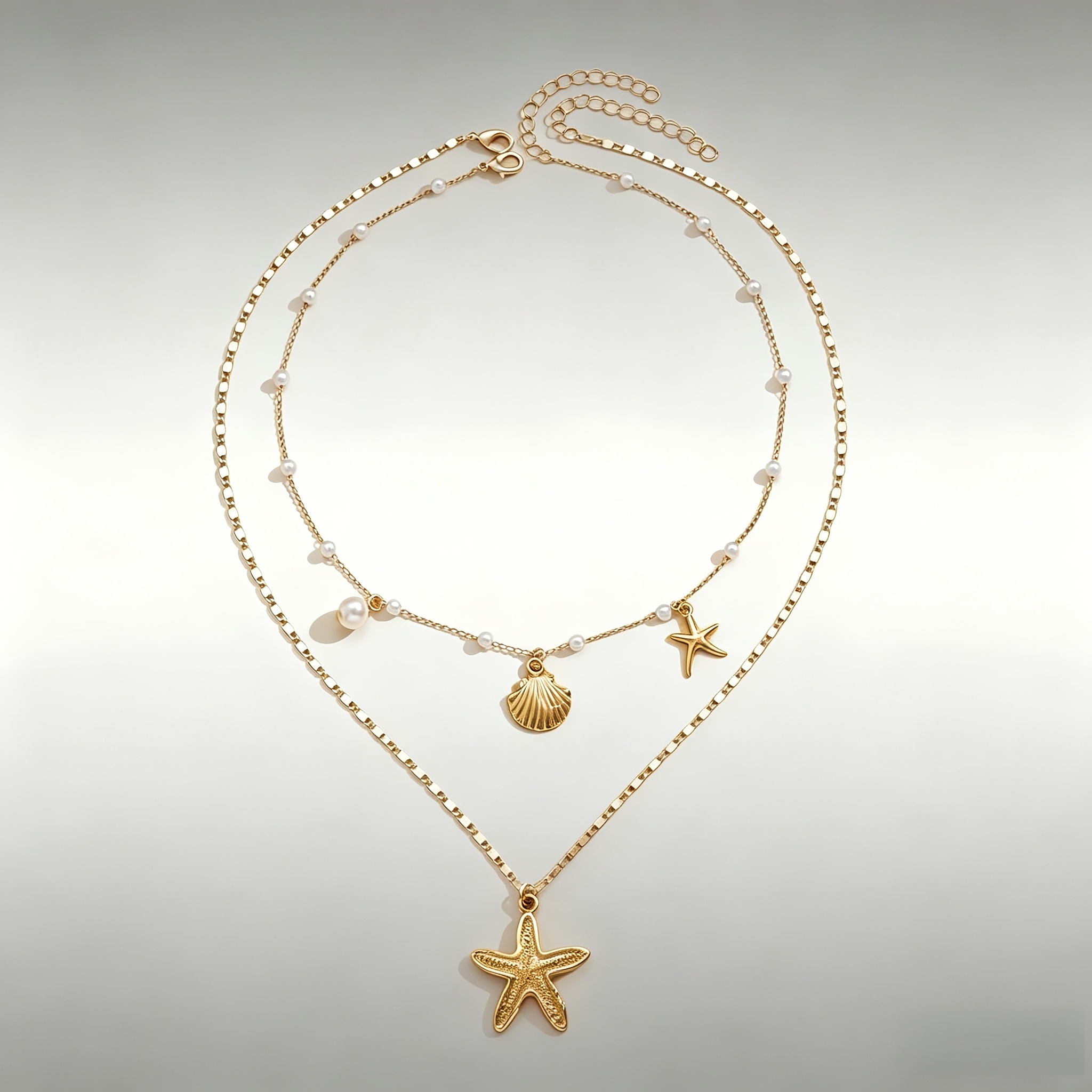 2pc Bohemian Vacation Style Necklace Set with Starfish & Shell Pendants