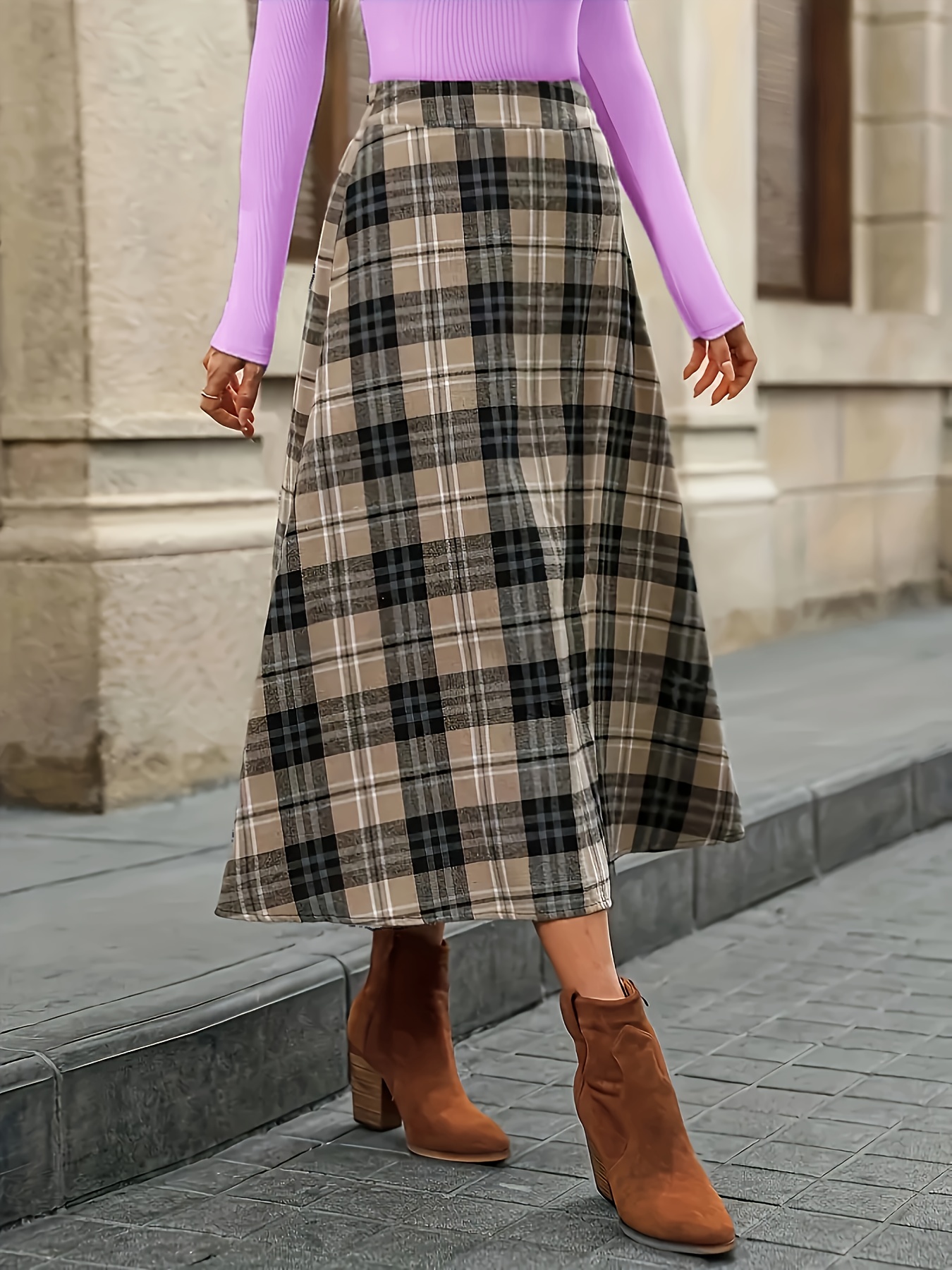 Fit Retro Plaid Half Skirt New Plus Size Butt-Covering A-Line Midi  Dress for Women