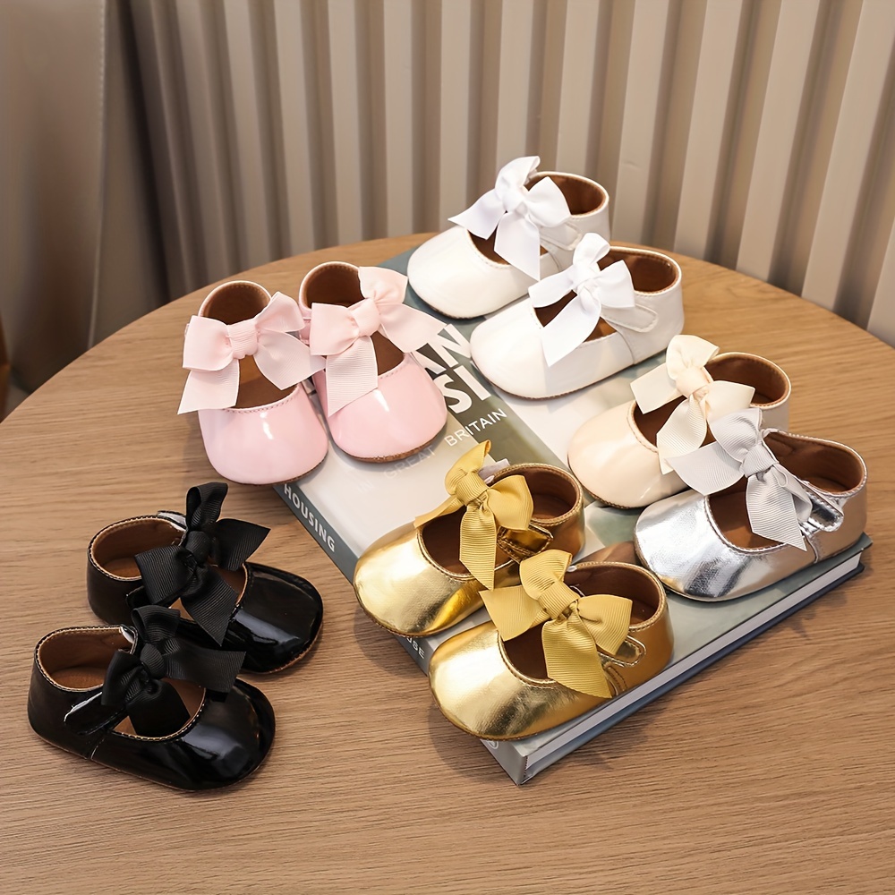 

Newborn Baby Shoes With Shiny Pu Bow And Magic Tape Closure - Suitable For Infants And Toddlers - Spring/ - - Pu Material - Fabric Lining - Fabric Sole - Cloth Insole