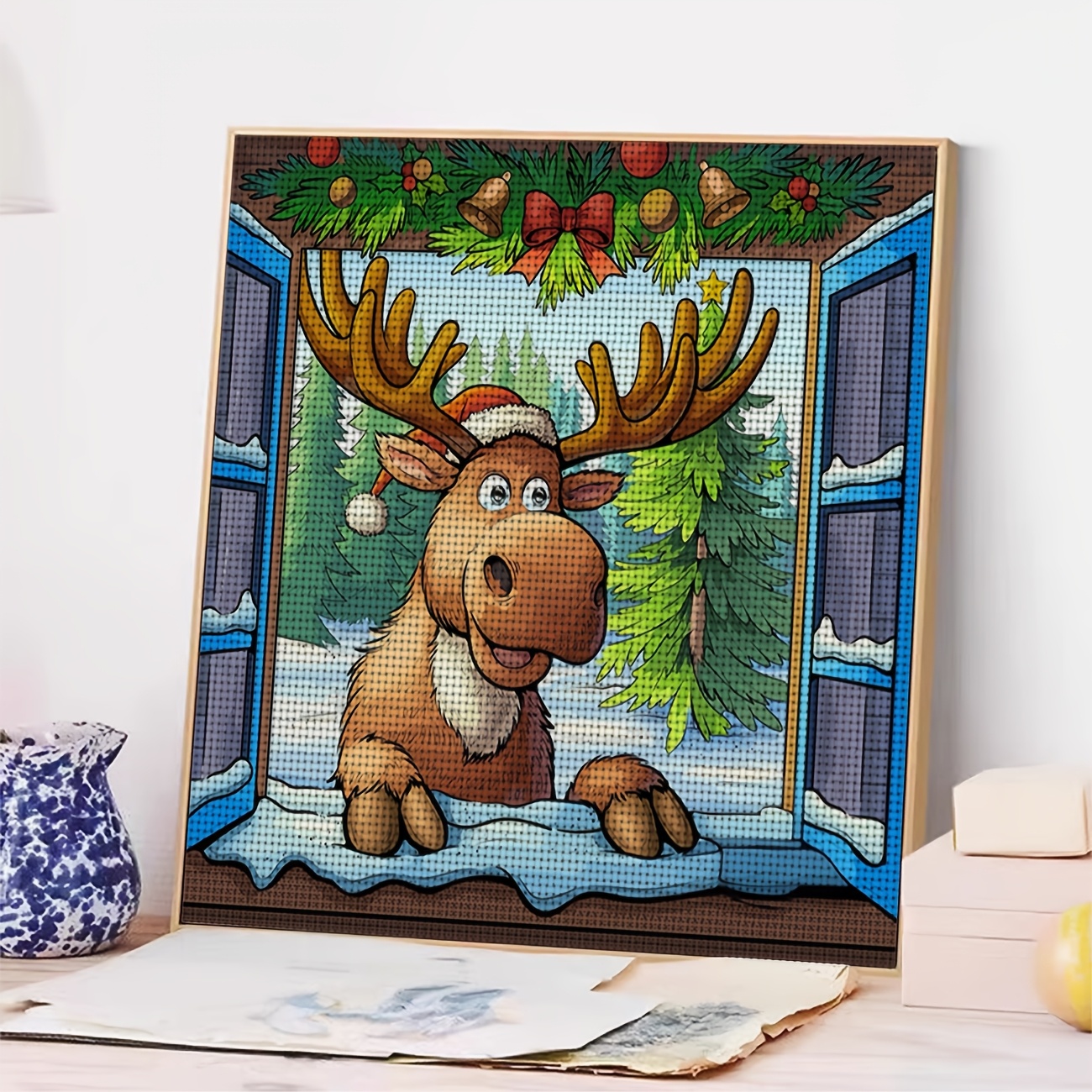 Moose Wearing Santa Hat Cross Stitch Kit for Beginners