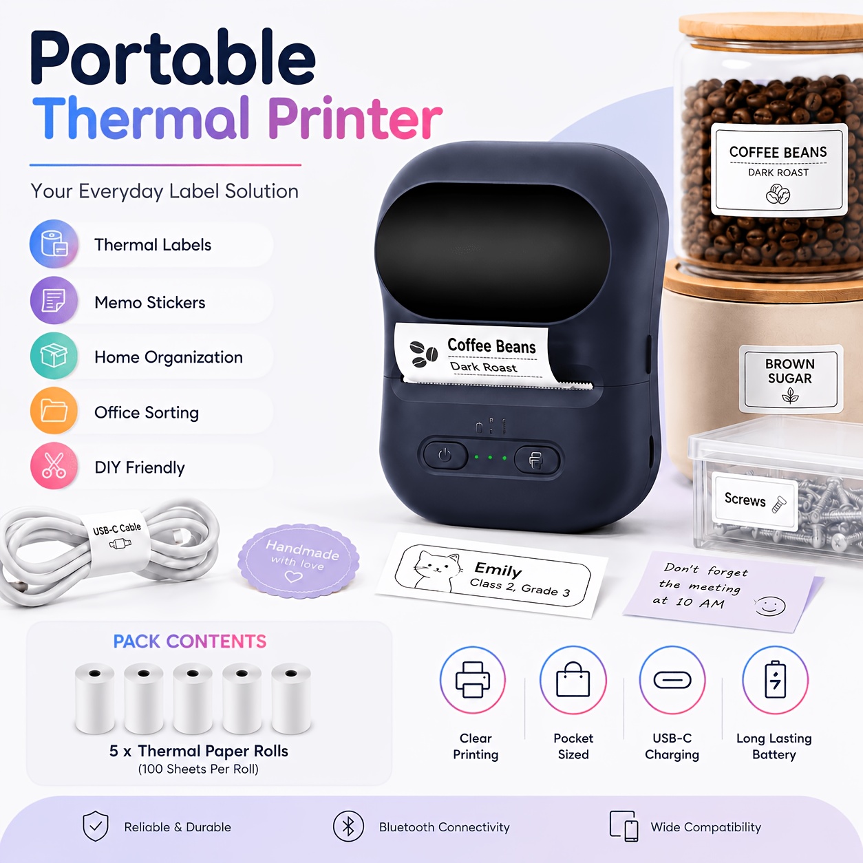Mini Sticker Printer-portable, Inkless Thermal Label Printer Supporting Instant Printing, Stable Bluetooth , And Clear Output; Ideal For Study Notes, Journaling, Home And Office Use, And Diy Projects