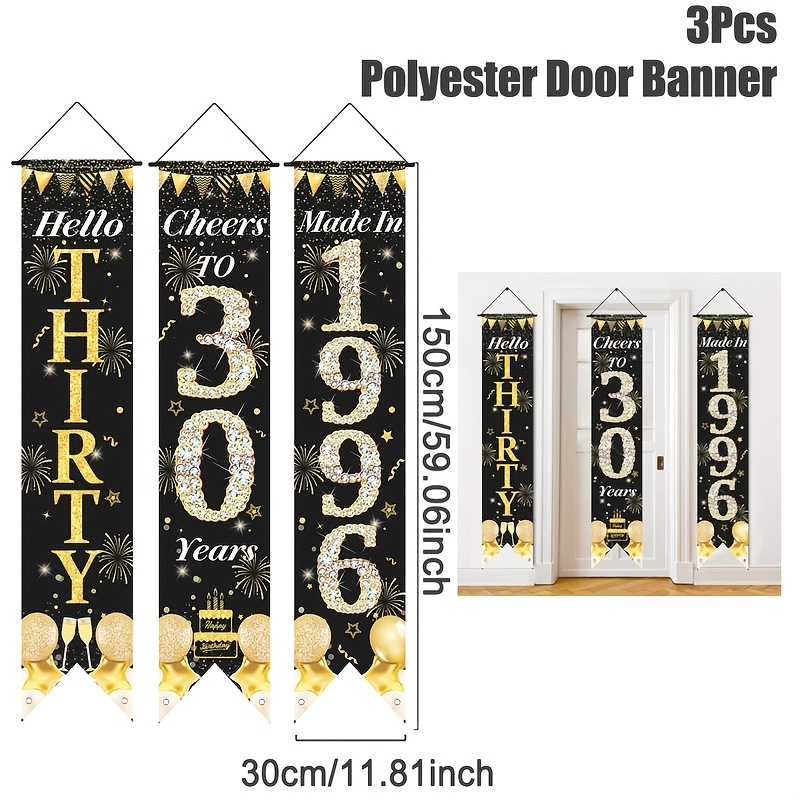 Image of 2d Door Banner Set Of 3, 30th Birthday Door Banner In Black And Golden, Featuring A With Fireworks And Stars, Ideal For Outdoor Celebrations, Perfect For Hanging On , Great For Background Decoration