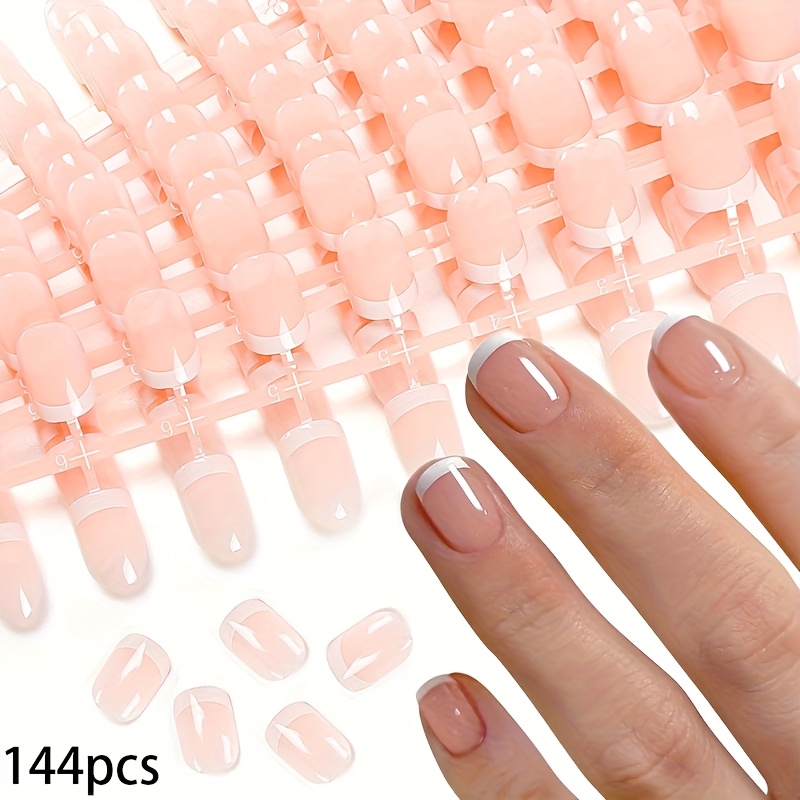 Image of 144pcs Short Square Nail Set, Daily Simple White Edge Full Coverage Base Nail Tips, Suitable For Nail Salons And Home Diy, Includes 3pcs Jelly Glue, 3pcs Nail Files, And 3pcs Press-on Sticks