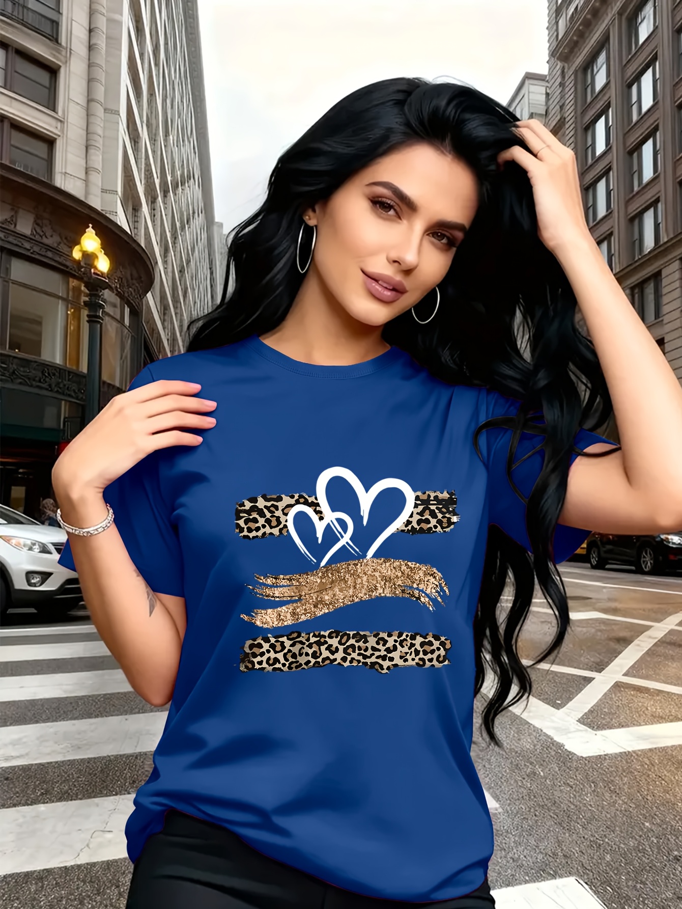 Leopard Print Heart Glitter-themed Pattern Print, Fashionable Breathable T-shirt, for Family Travel,, Casual S, Daily Commutes, Matching Outfits for Sisters, Versatile T-shirt 30057