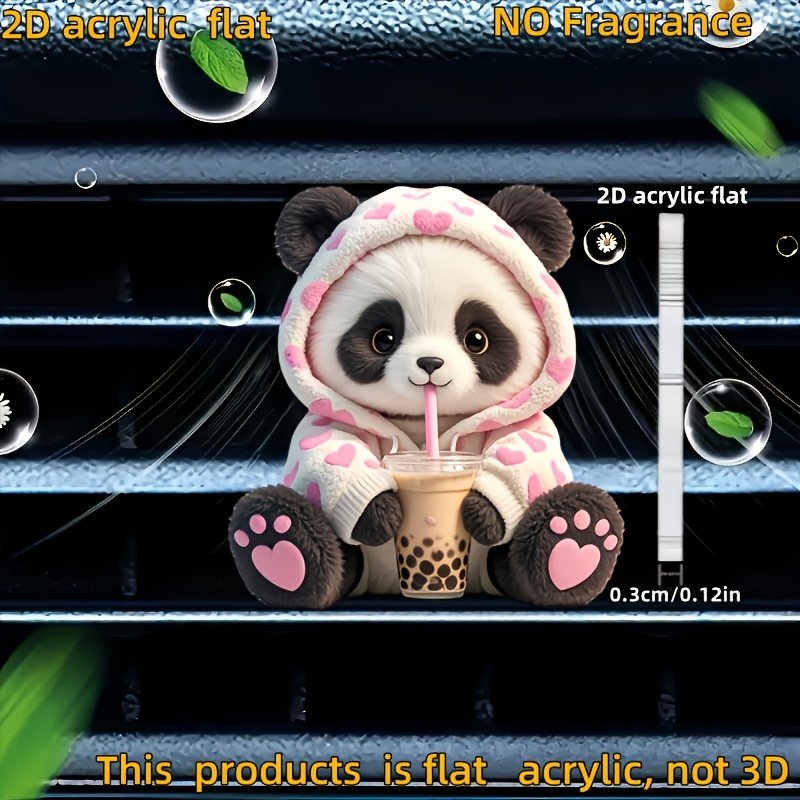 TEMU 2d Flat, 1pc Cute Panda Wearing A Heart-pattern Sweatshirt Drinking Milk Tea Pattern Car Vent Clip Decoration, "fragrance-free", With 2 Sponge