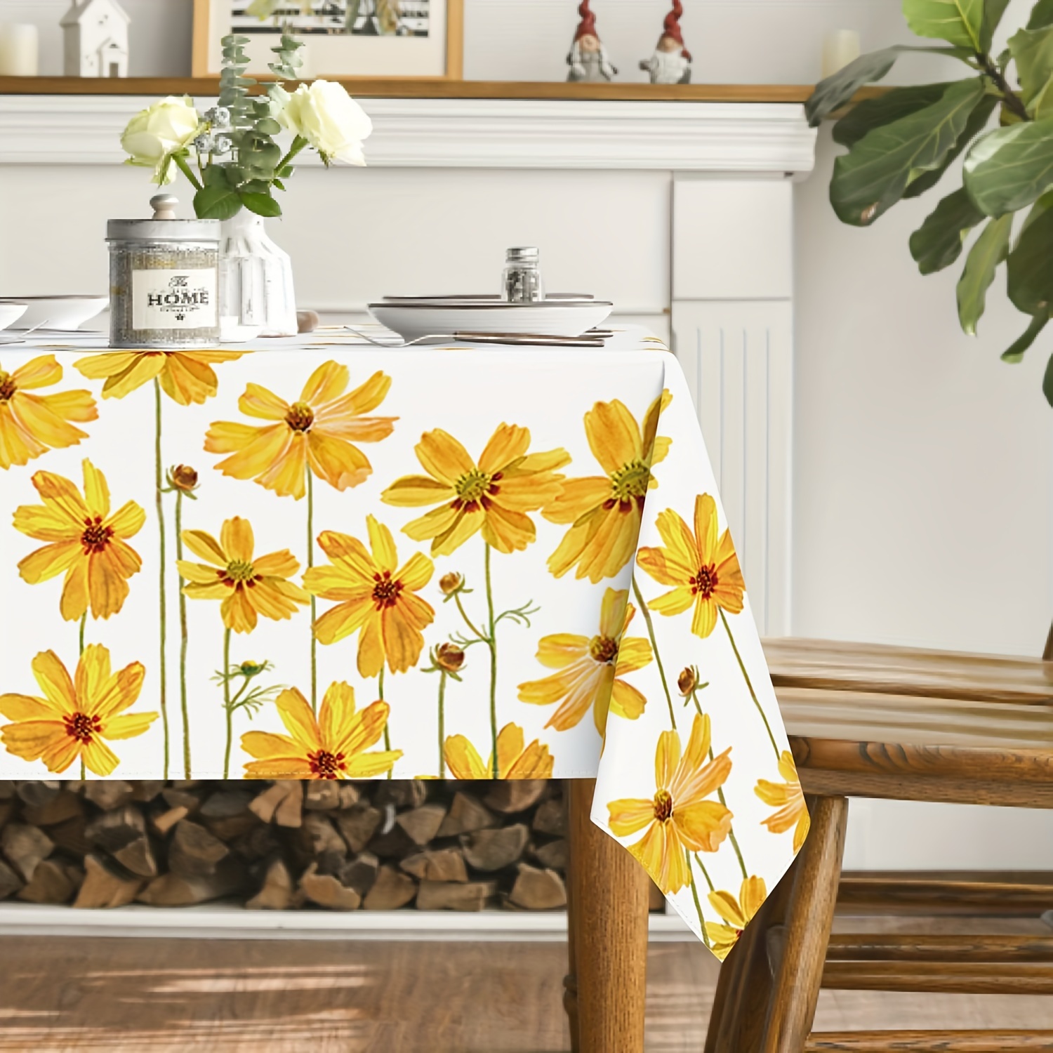 TEMU Floral Tablecloth - Watercolor Yellow Daisy & Sunflower Design, Easter, Parties, Picnics & Dinner Decor