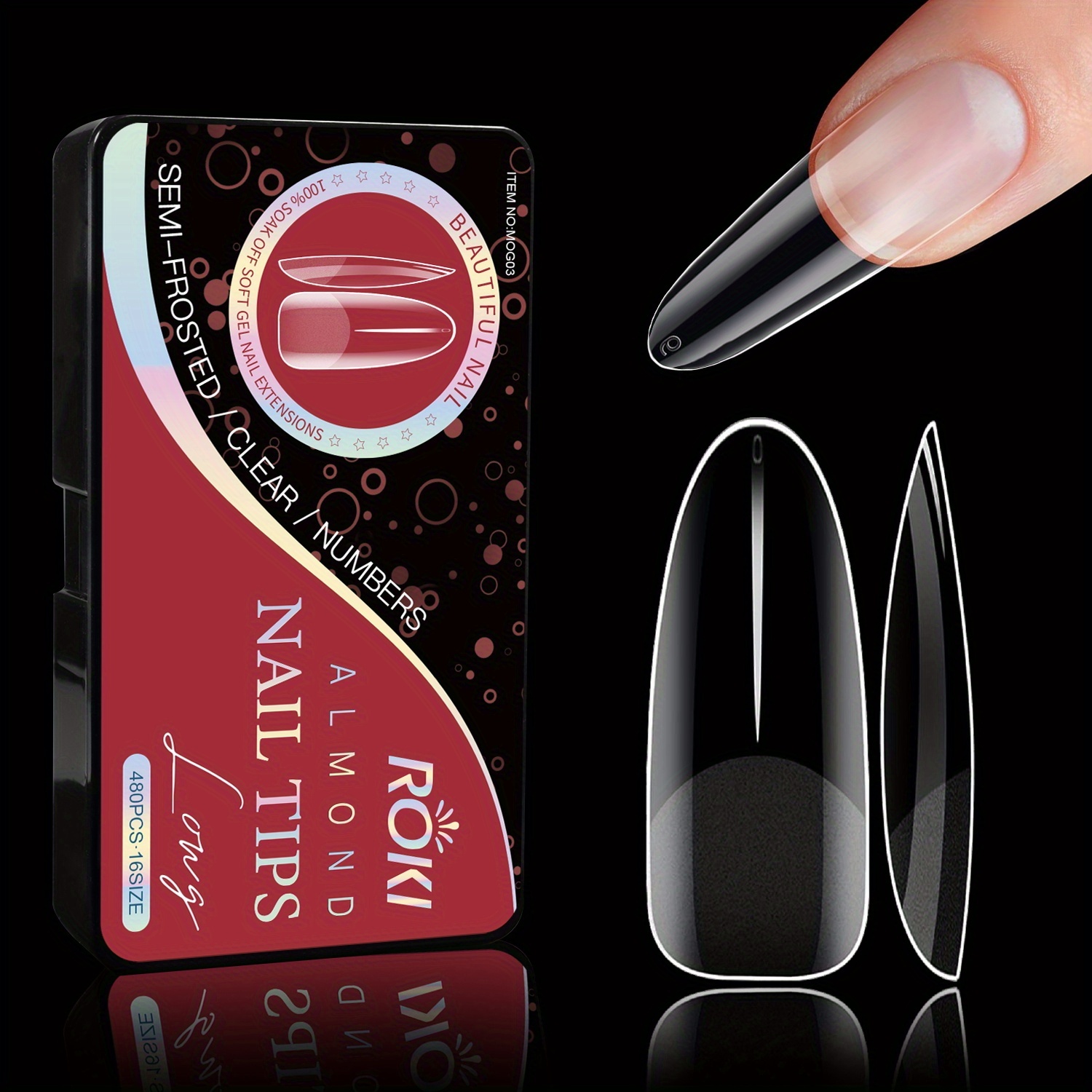 TEMU 480pcs Of Long Almond-shaped Fake Nail Tips In 16 Sizes, Featuring Half Matte Gel Acrylic For Full Coverage, Suitable For Home Nail Extensions And Press-on Nails At Salons