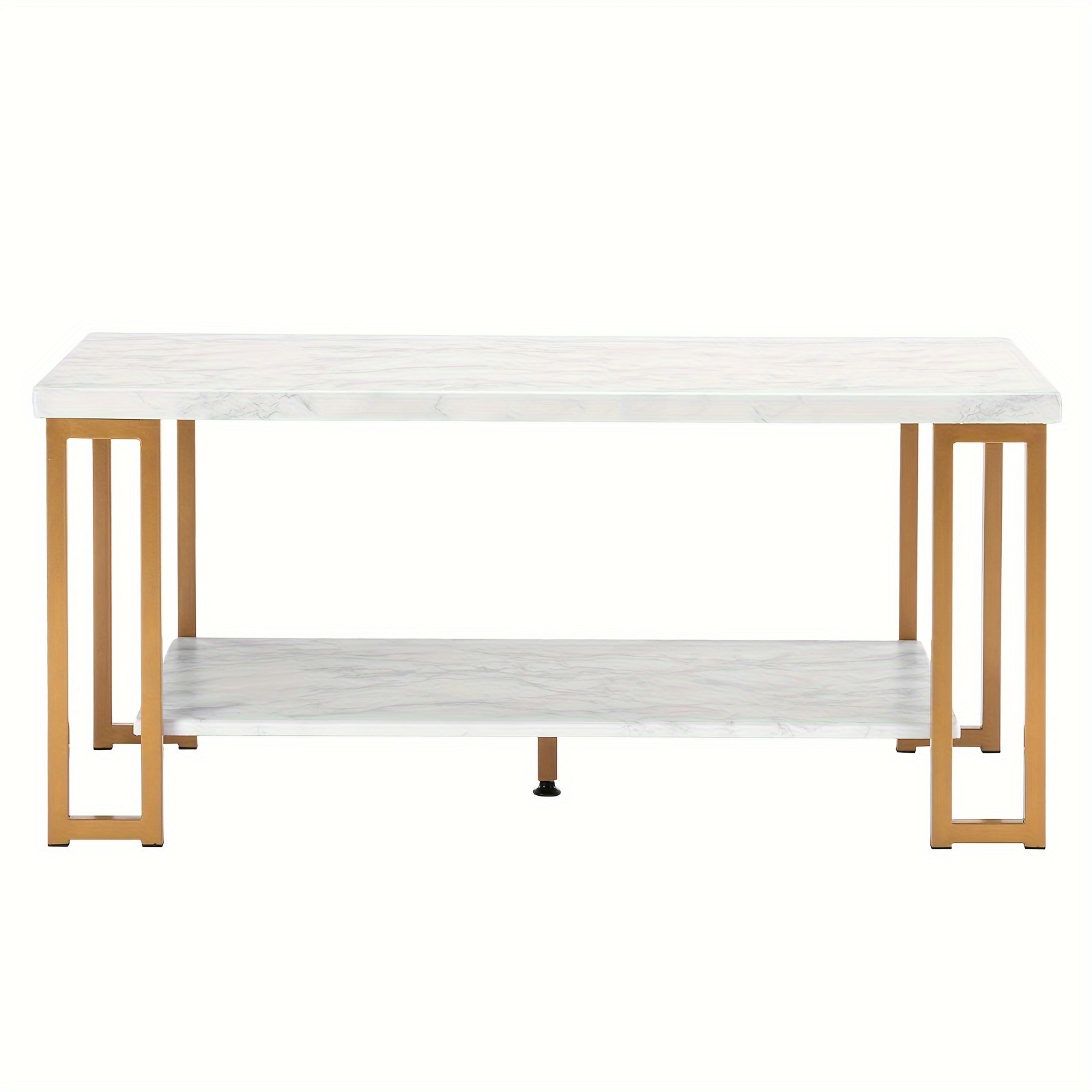 

1pc Double Layer Square Frame Legs Coffee Table Rectangle Density Board, Iron 100*51*46cm Imitation Marble White Desktop Golden Baking Paint