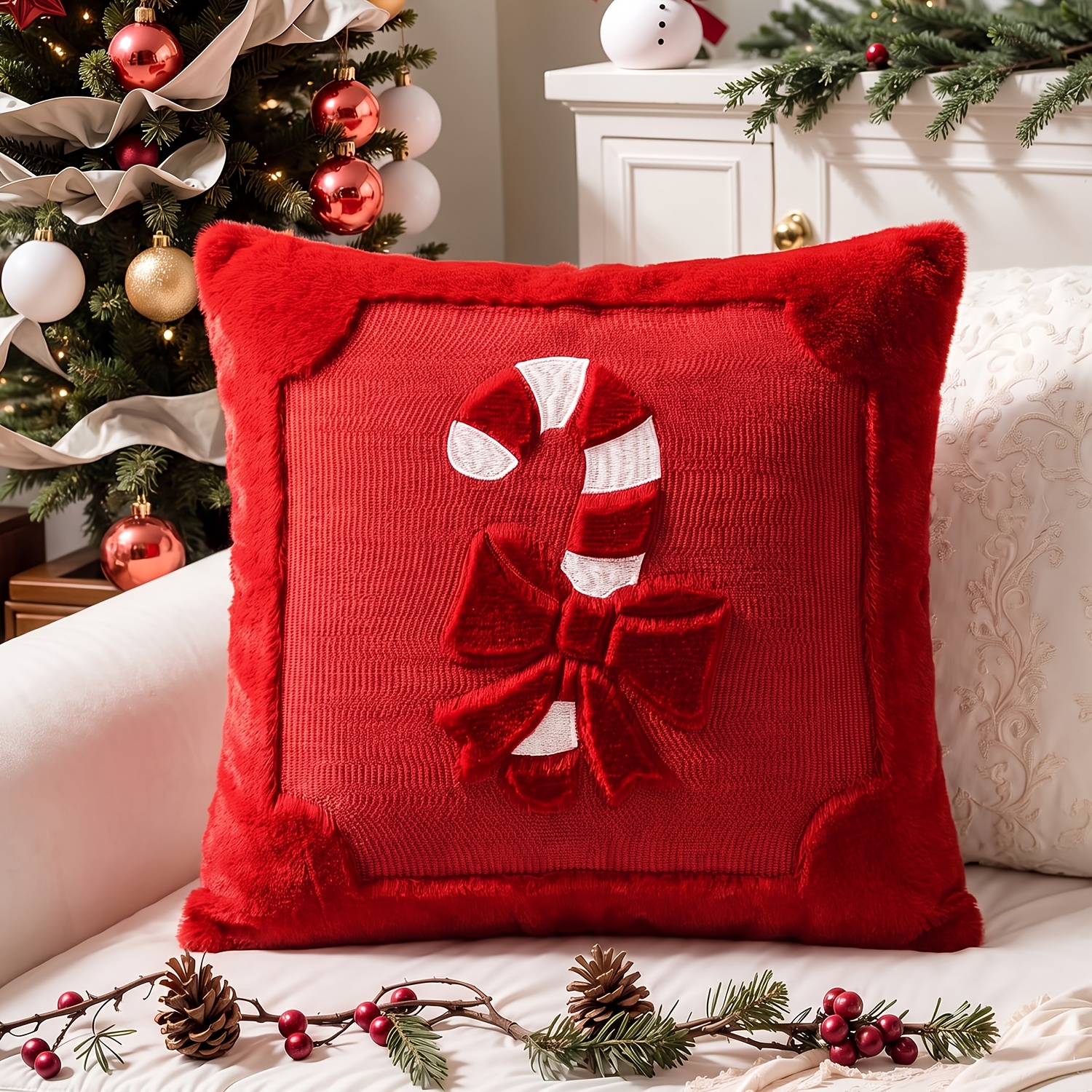 TEMU 1pc 1pc Embroidered Candy Cane Throw Pillow Cover 18x18 Inch - Hand-stitched Suitable For Sofa Couch Bedroom Cushion Case, Zipper Closure, Cozy