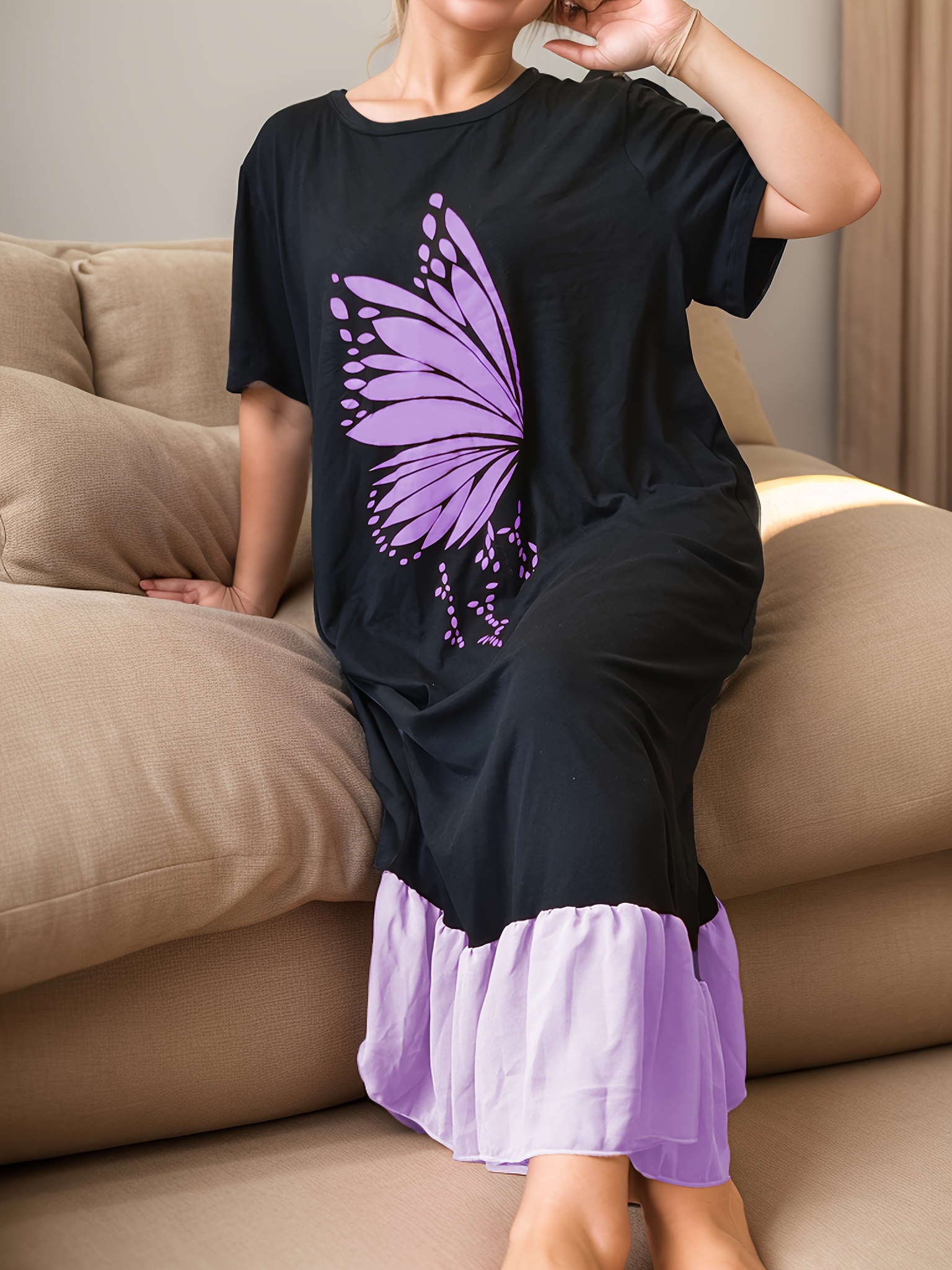 Cozy Plus Size Women's Sleep Dress - Vintage Butterfly Print, Short Sleeve & Long Skirt Lounge Robe, Machine Washable, Autumn Winter, Home Wear