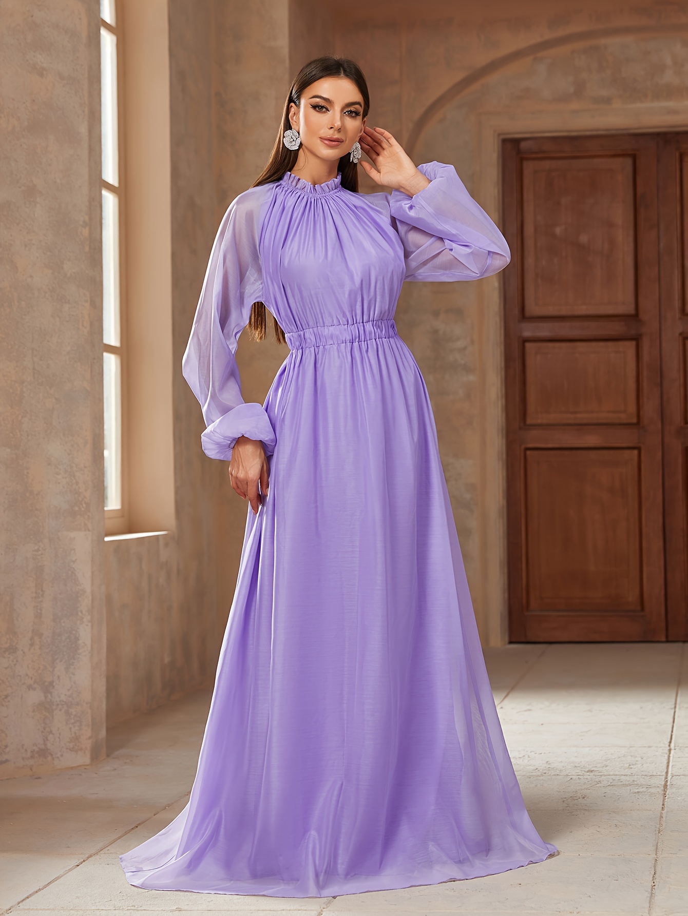 chinese dress ladies Lavender Tulle A-line Off-Shoulder Puff Sleeves Pleated Long Prom Dress main image 1