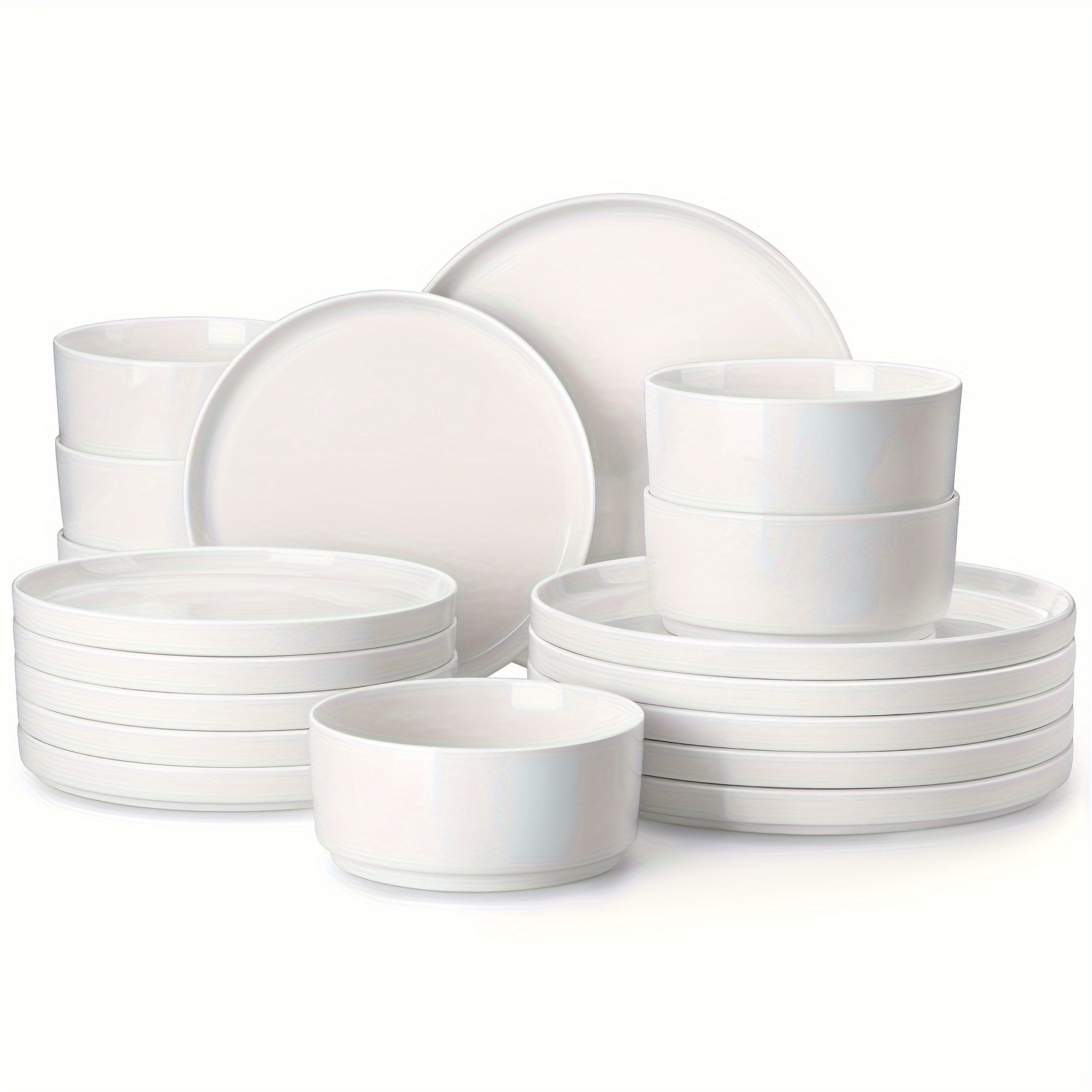 E-shop 18-teiliges Geschirrset für 6 Personen – Moderne runde Porzellanteller & Schüsseln, spülmaschinen- & mikrowellengeeignet, elegantes weißes