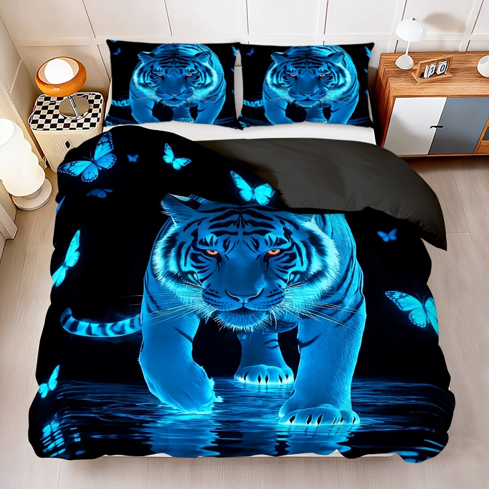 TEMU 2d Flat 2/3pcs Tiger And Rose Duvet Cover Set Rose And Tiger Bedding Rose And Tiger Bed Cover Set Breathable And Stylish Printed Bedding 1 Duvet