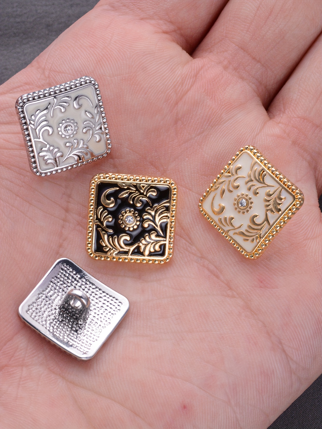 luxury square alloy buttons set of 7 embellished with rhinestones and patterned design sew on craft buttons for shirts sweaters suits coats trench coats handbags gift boxes hats diy fashion accessories details 2