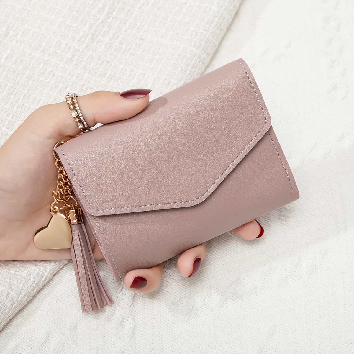 TEMU Mini Women' Color Pu Short Wallet, Card Slot Snap Foldable Credit Card Holder | Ultra-thin Coin Purse With Tassel Decoration, Women's Casual