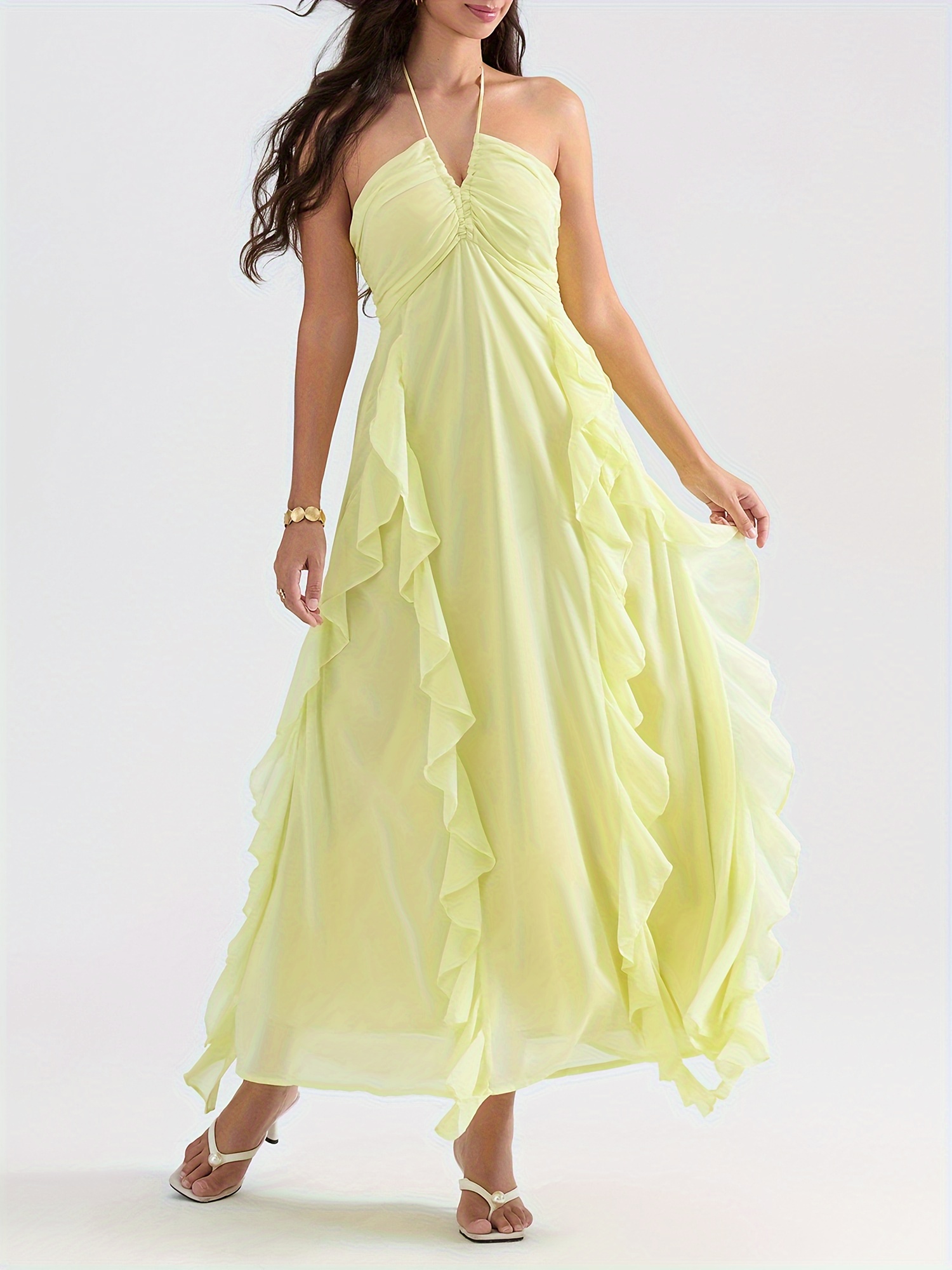 sachin and babi light blue dress womens halter long dress sleeveless ruffle trim ruched