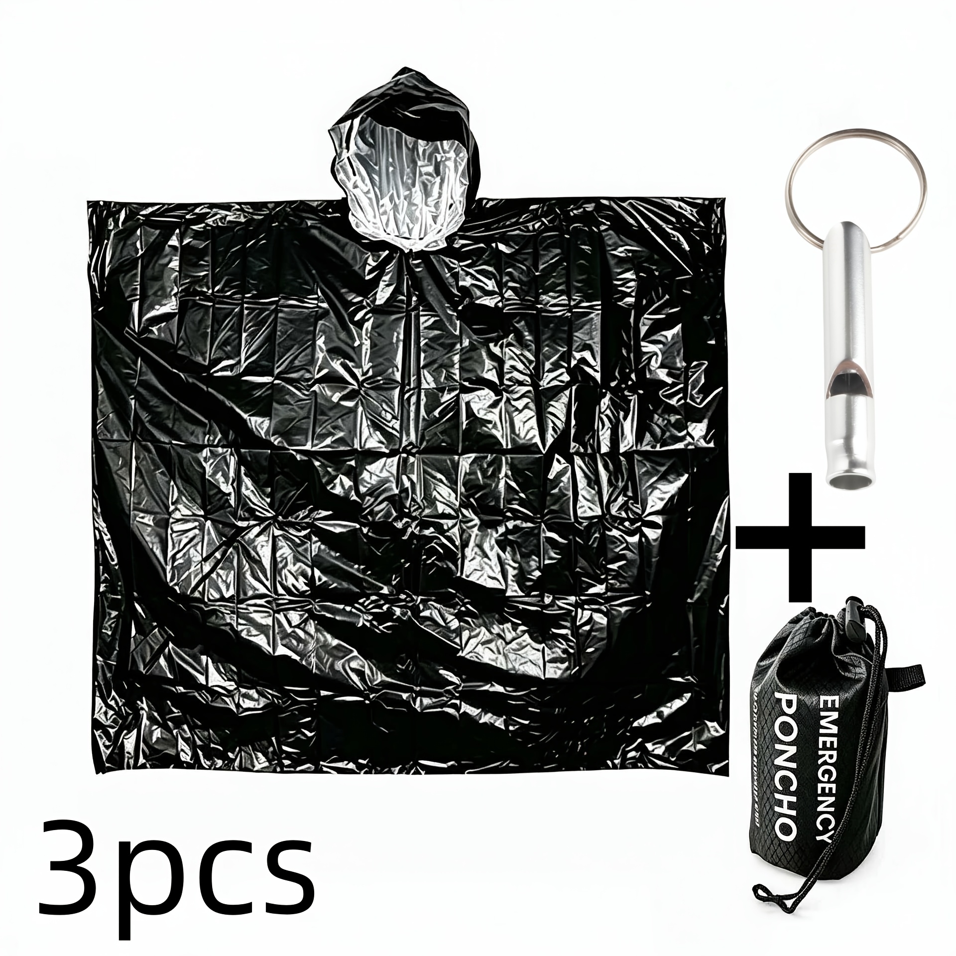 TEMU 3pcs Set Includes Raincoat + Storage Bag + New Hanging Emergency Whistle. Portable Pocket Raincoat, Emergency Whistle—lightweight Emergency