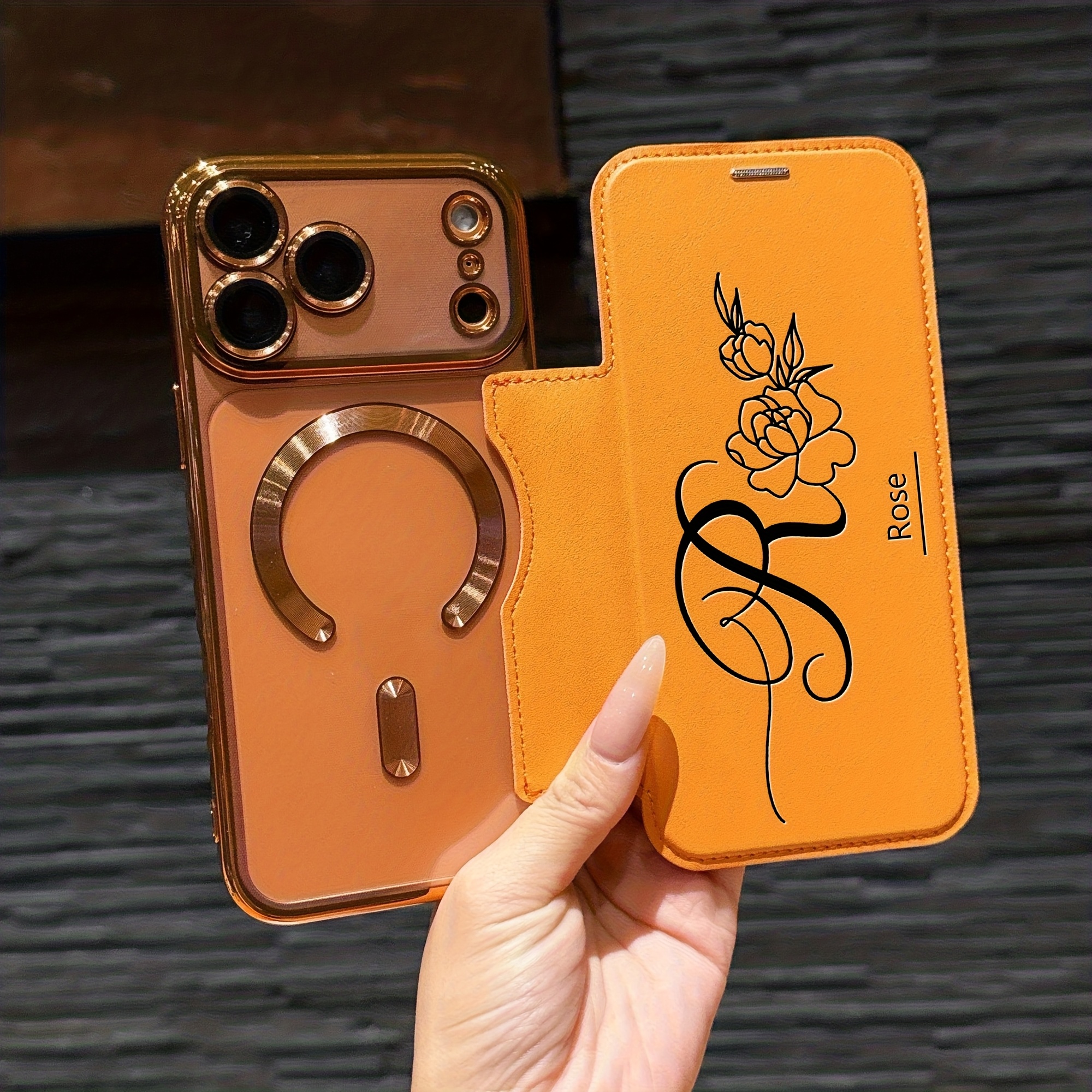 TEMU Étui téléphone : Coque personnalisée avec nom, motif rose, similicuir, doré, couverture transparente rabattable, style professionnel, compatible