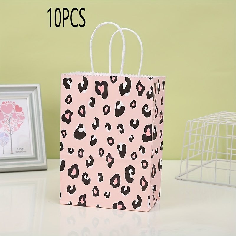 Image of 10pcs Of Pink Leopard Print Paper Bags For Birthday Party Gift Bags With Handles