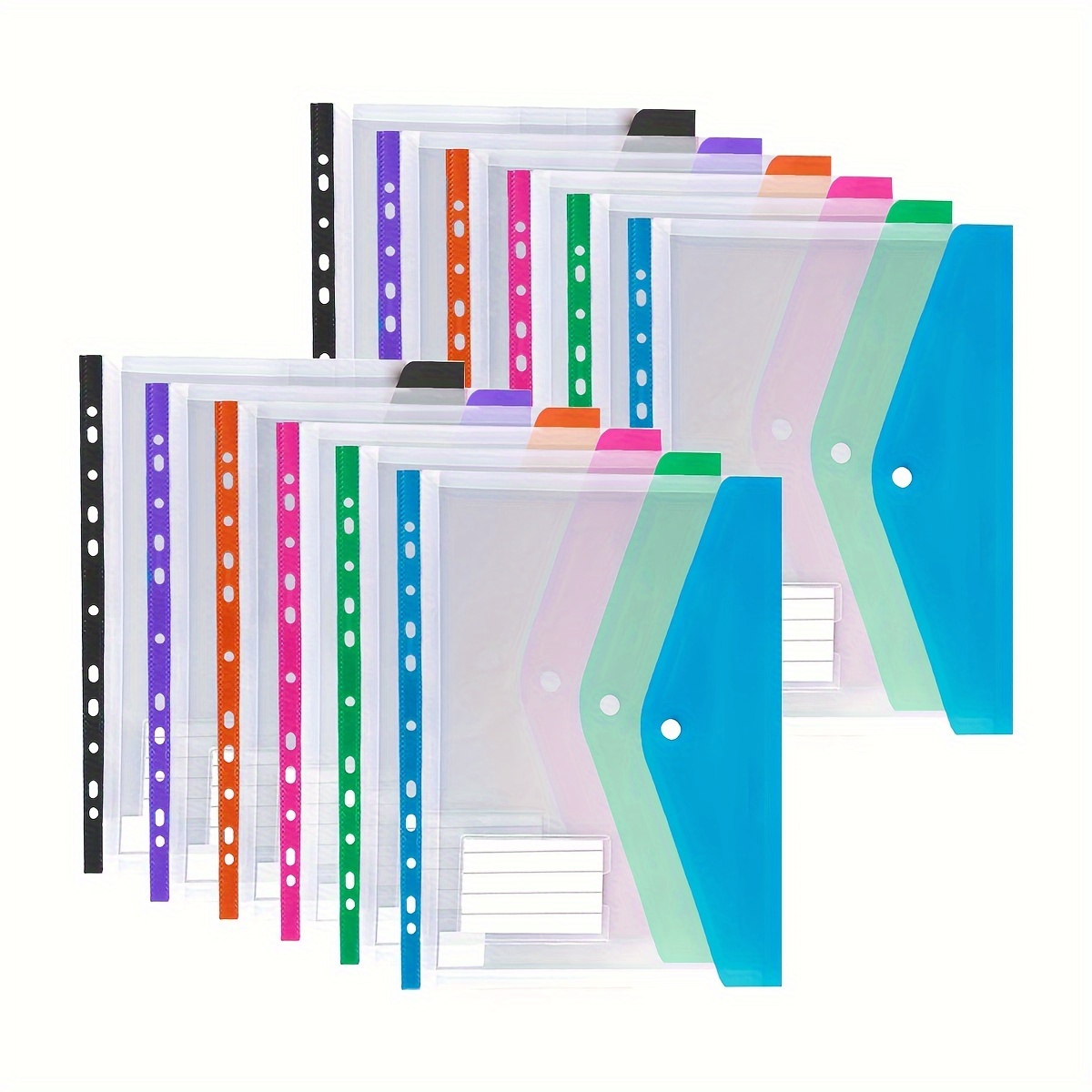 

12pcs Pvc Punch Pockets Clear Plastic Folders For Binders, Snap Closure, 11-hole Sheet Protector Document Sleeves