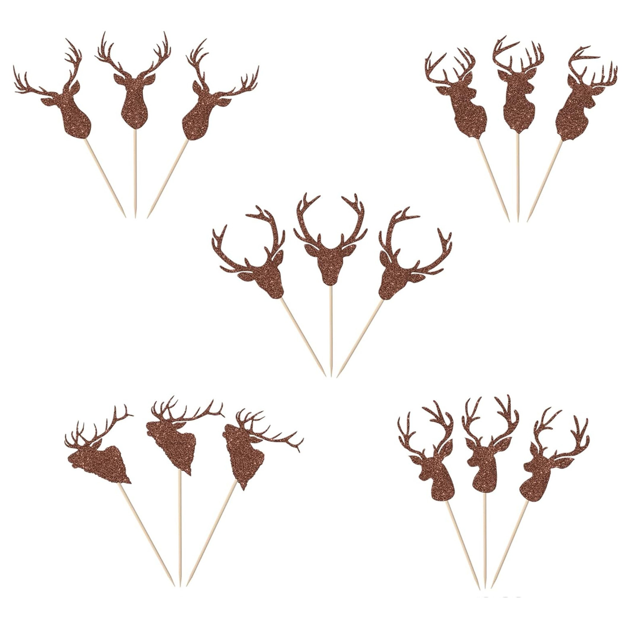 Image of 15pcs Christmas Deer Cupcake Toppers Glitter Christmas Antler Cupcake Picks Xmas New Year Merry Christmas Hunting Baby Shower Birthday Cupcake Decorations Party Supplies Brown