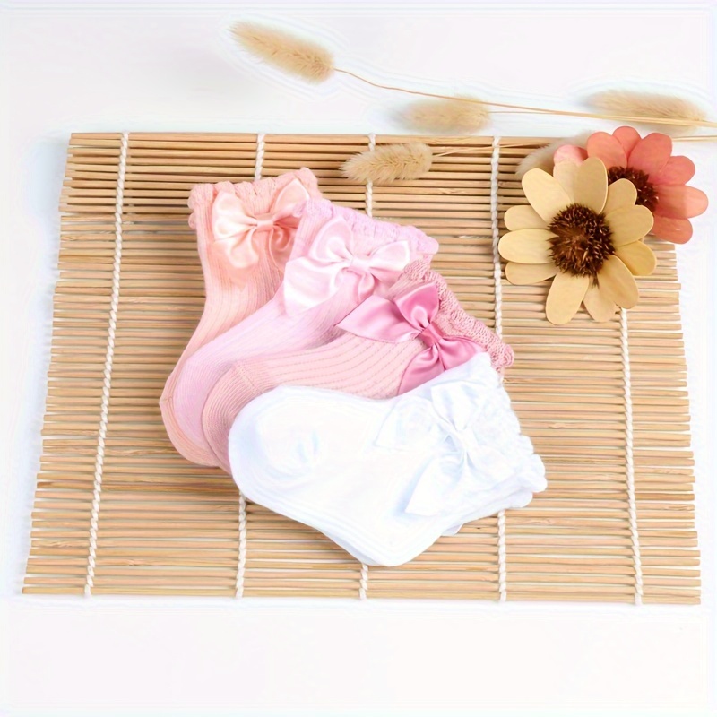 4 Pairs Of Breathable Girl Socks With Bow Decorations; Solid Color Cute Socks For Babies