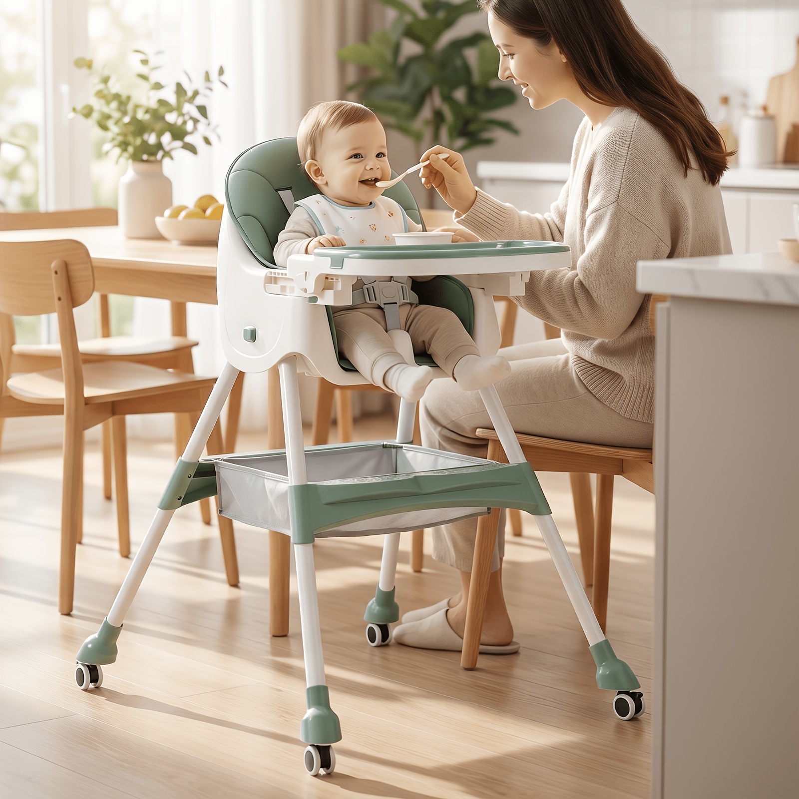 TEMU 6-in-1 Foldable Baby High Chair With Adjustable Height, 3-position Trays & Adjustable Foot Rest - Detachable Pu Cushion, 5-point Harness, High