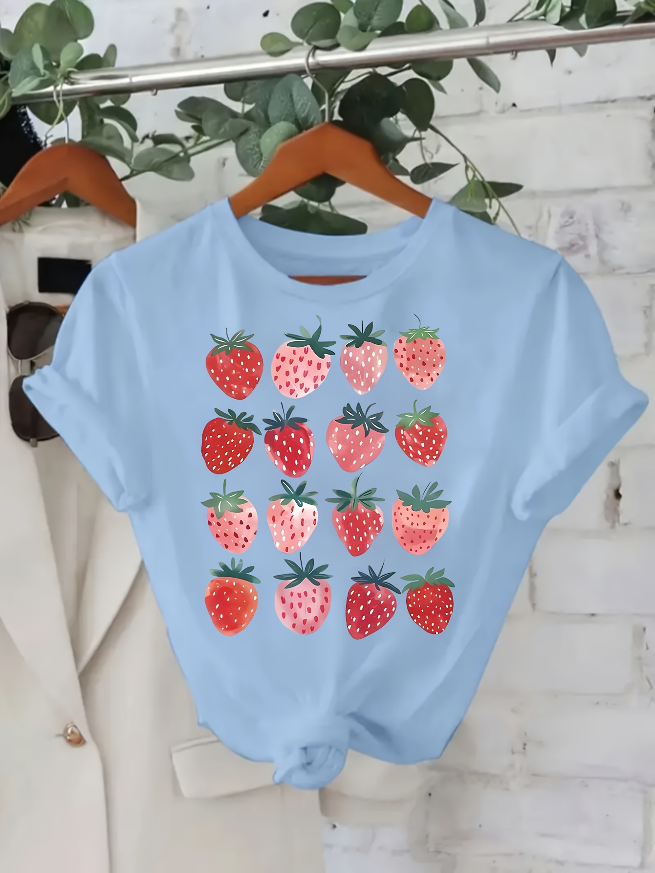 womens strawberry print 100 cotton t shirt loose fit round