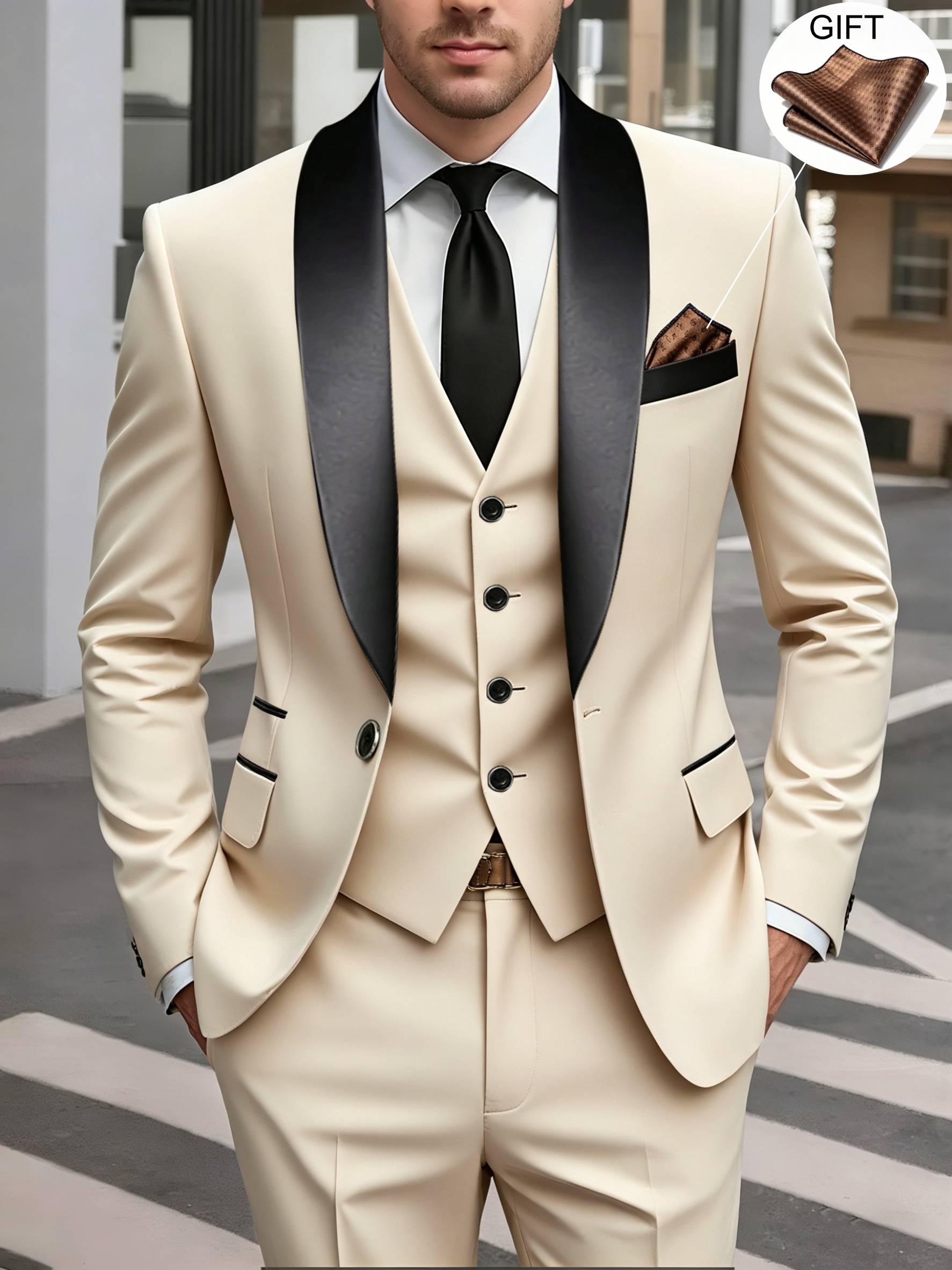Costume 3 pièces pour homme pour mariage, fête, affaires décontractées : veste de costume + gilet + pantalon classique, ensemble élégant de couleur unie pour marié, convient aux réunions d'affaires, inclut un mouchoir de poche
