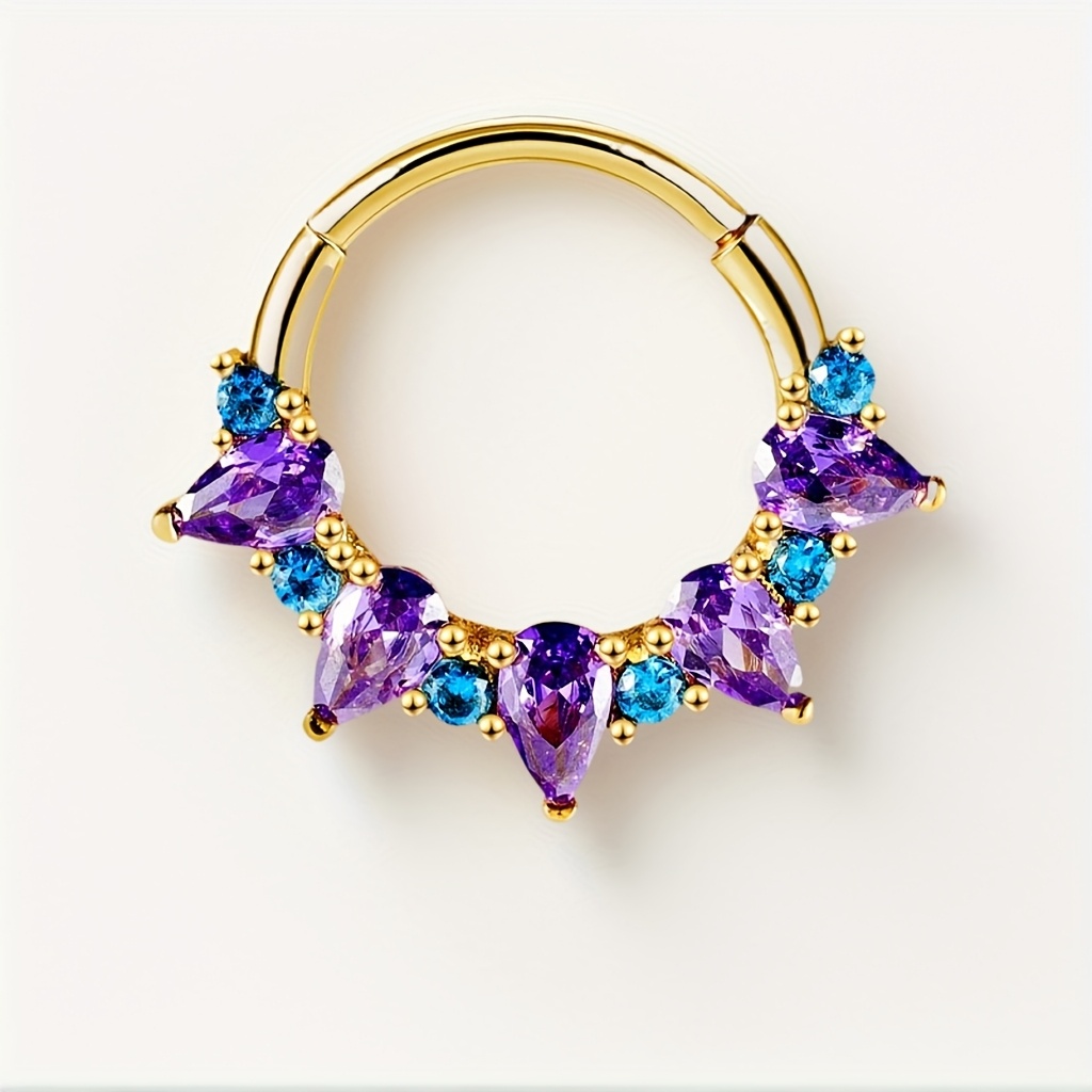 TEMU 1pc Stainless Steel Hypoallergenic Amethyst Heart Nose Ring Seamless Ring Inlaid With 5a Synthetic Cubic Zirconia Minimalist High-quality