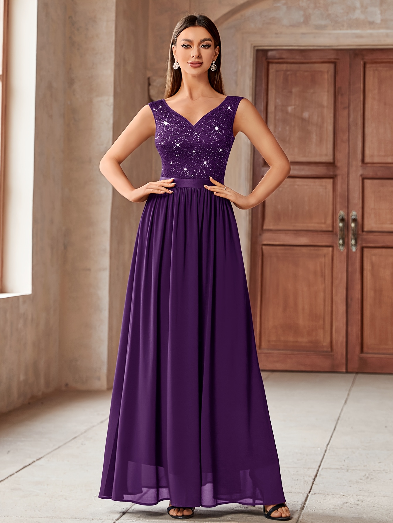 sachin and babi light blue dress A-Line V-neck Long Ilusion Sleeve Empire Floor Length Chiffon Dress with  Split Front main image 1