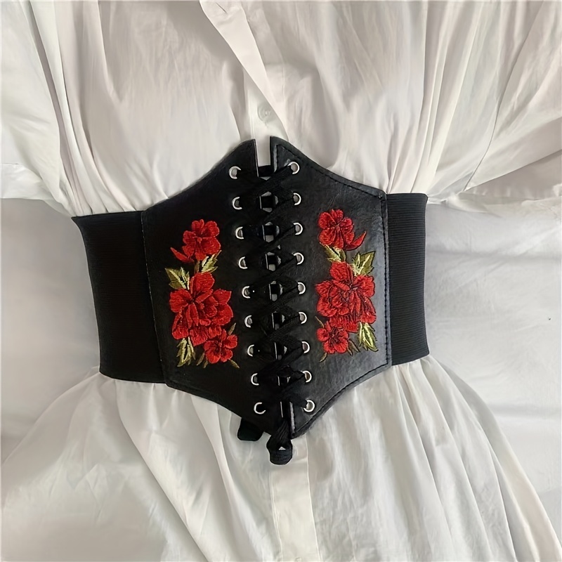 

Vintage Rose Embroidery Wide Belts Classic Lace Up French Style Corset Belt Waistband Gothic Dress Coat Girdle For Women