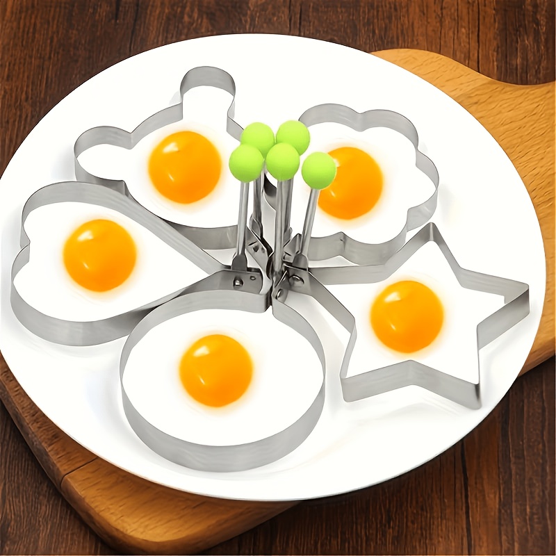 a set of five stainless steel egg molds thickened non stick molds suitable for frying and poaching eggs designed with heart shapes   balls to add fun to   details 2