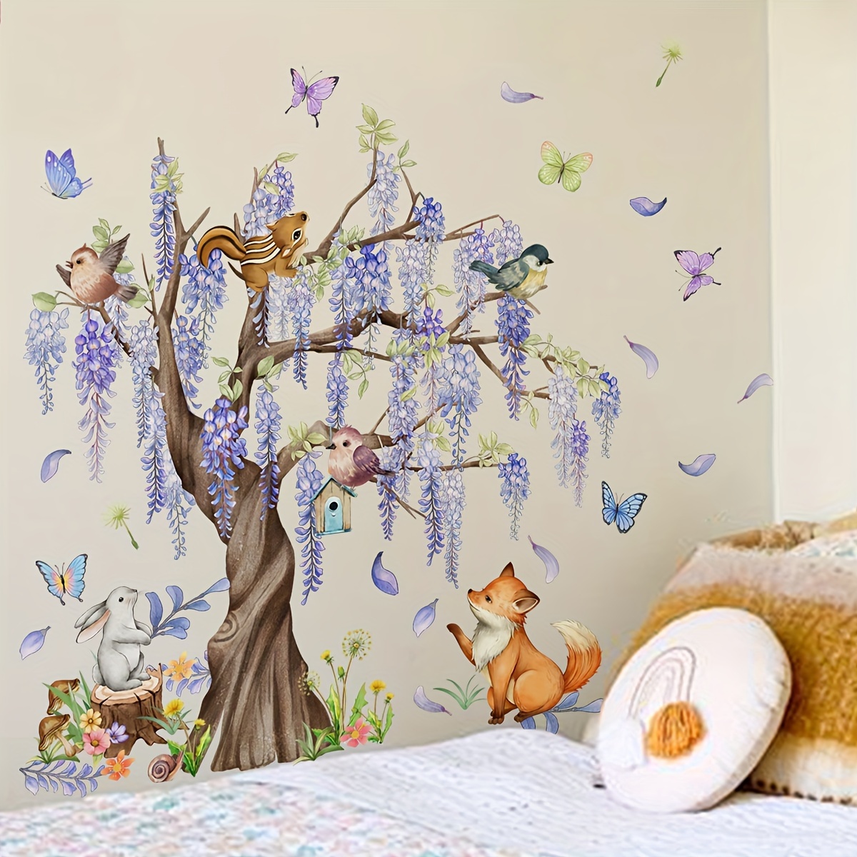 

Whimsical Forest Wall Stickers: Cartoon Animals, Rabbits, Foxes, Butterflies, And Wisteria Tree - Perfect For Kids' Rooms Or Nature Lovers