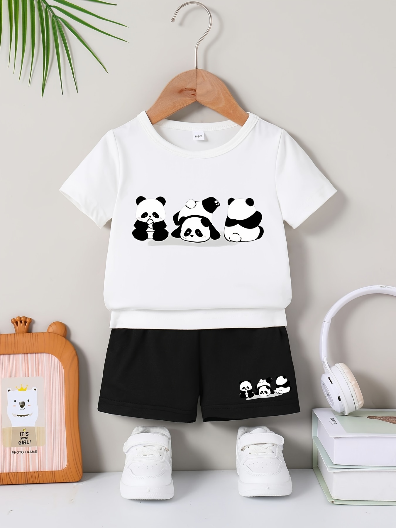 Baby Boys Girls 2PCS Outfit Cartoon Panda Pattern Cute Short Sleeve T-Shirt & Shorts Set Casual Summer Clothes For Toddlers