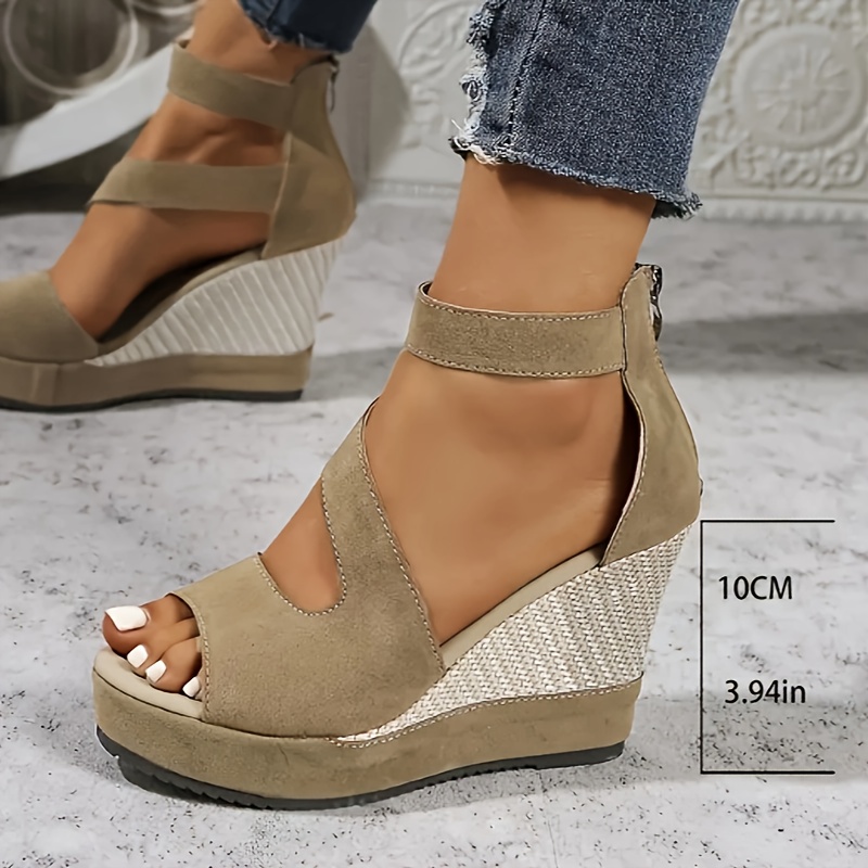 Women'S Elegant Olive Green Platform Sandals with Zipper Closure - Stylish Wedge Heel, Open Toe Design, Synthetic Insole & Sole, Perfect for Summer, Summer Footwear | Elegant Sandals | Zipper Closure Shoes
