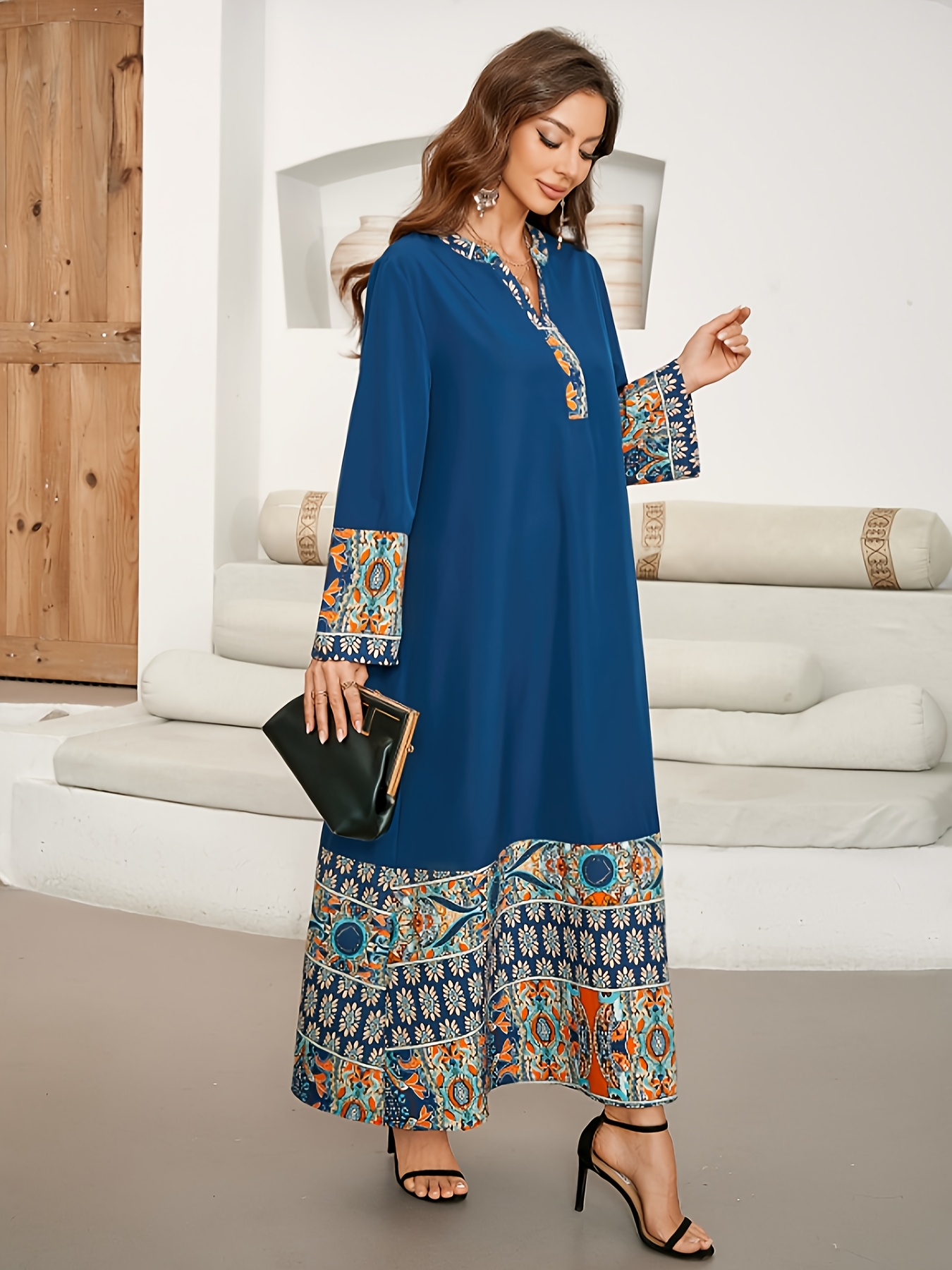 semi formal eastern dresses womens elegant ethnic print 3 4 sleeve loose fit long dress xxl long tops for ladies