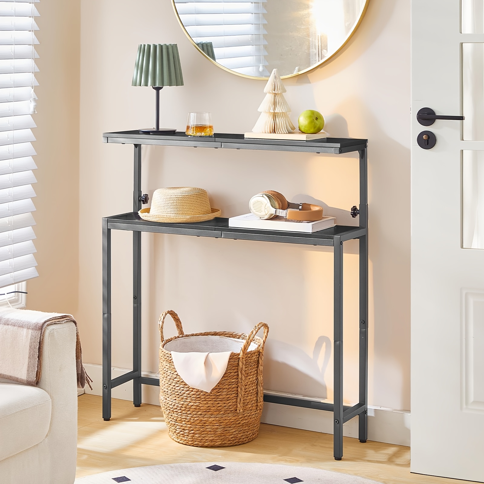 Entryway Table, Two-tier Console Style Floor Stand, Height Adjustable, Design, Industrial Soft Upholstery Material, Suitable For Small Spaces, Entryway, Bedroom, /black