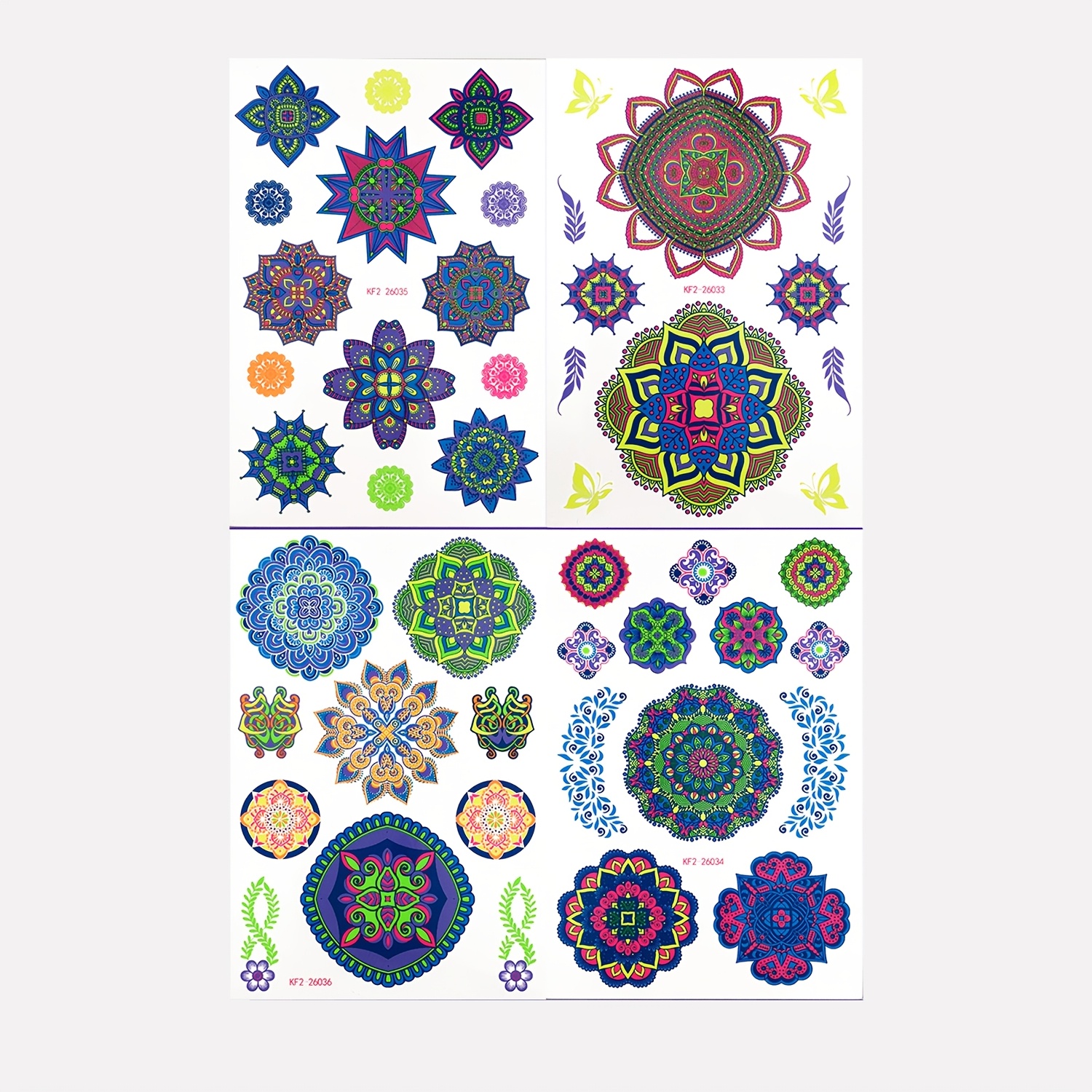 Image of 4 Sheets Glow Mandala Temporary Tattoo Stickers, 4-color Fluorescent Blacklight Reactive Designs, Waterproof Long-lasting Tattoos For Parties, Festivals, Raves