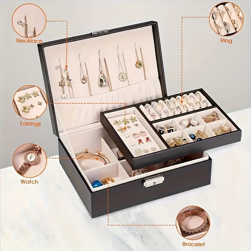Organizador de Joyería en Cuero Sintético con Cerradura y Cajón Forrado Suave - Caja Grande para Organizar Joyas, Regalo Ideal para Damas y Chicas