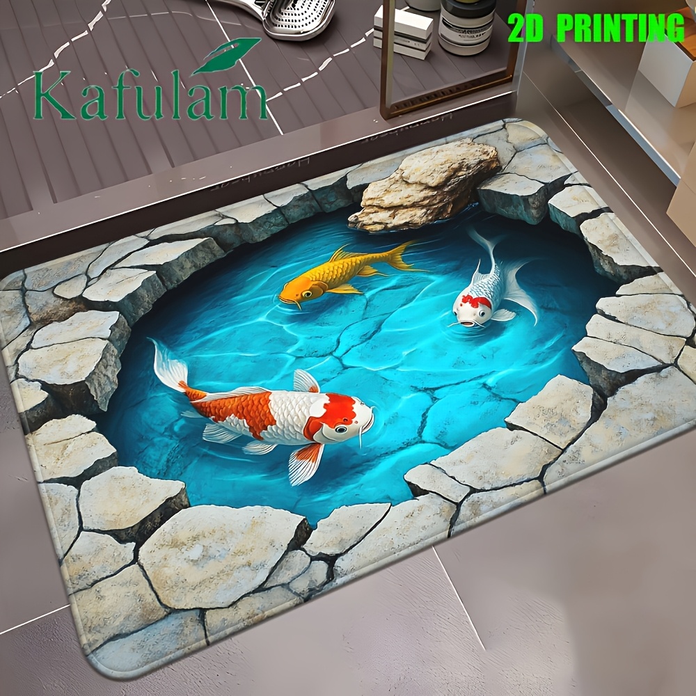 1pc 2d Carpet With Koi | Flannel And Polyester, Machine Washable, Suitable For Bathroom, Bedroom, Living Room Entrance | Durable And Decorative Bath Mat