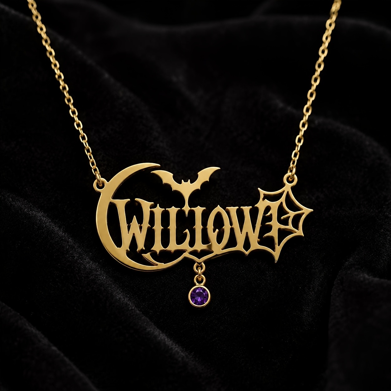 TEMU Personalized Name Gothic Crescent Bat Spider Web Necklace With Purple Birthstone Charm, 18k Golden Plated Stainless Steel Hypoallergenic And