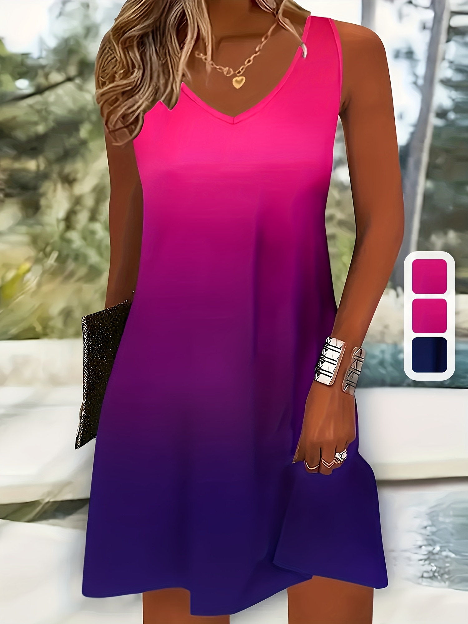 a fashionable gradient color v neck vest dress for women a casual loose fitting long dress made of fabric for spring and summer