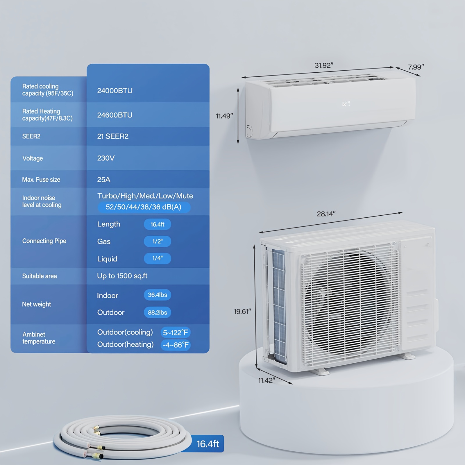 18 000 btu 21 seer mini split air conditioner with inverter technology 230v   smart operation quiet cooler heater   home bedrooms living room garage offices most residential and   applications Product details 1