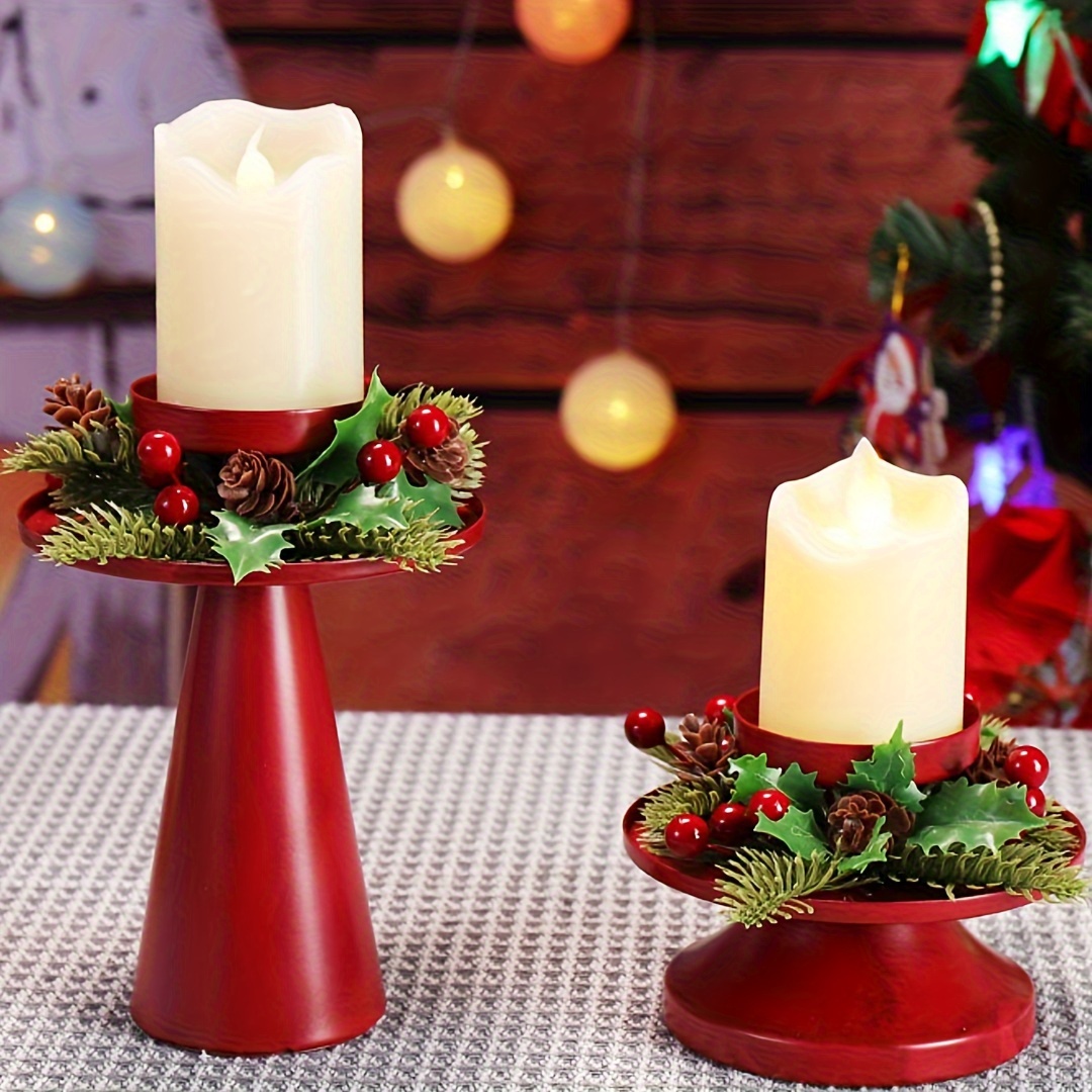 

Homefish Vintage Christmas Candleholders Set Of 2 - Cast Iron Tabletop Candle Stands With Wreath Decor, Lacquered Finish, For Christmas And Valentine's Day Decorations