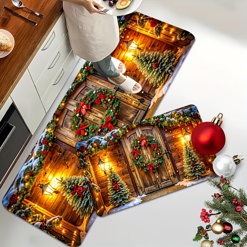 TEMU 1pc Non-slip Christmas Mat Suitable Mat & Runner Floor Decor With Pine Wreath, Tree & Bow Patterns - Flannel Foyer, Machine Washable Plastic