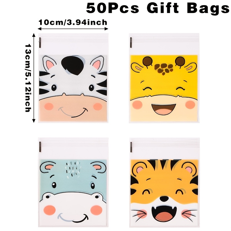 E-shop 50/100 Stück, selbstversiegelnde Beutel mit Dschungeltier-Motiv, gemischte Geschenktüten mit Tiger-Giraffen-Muster, Happy