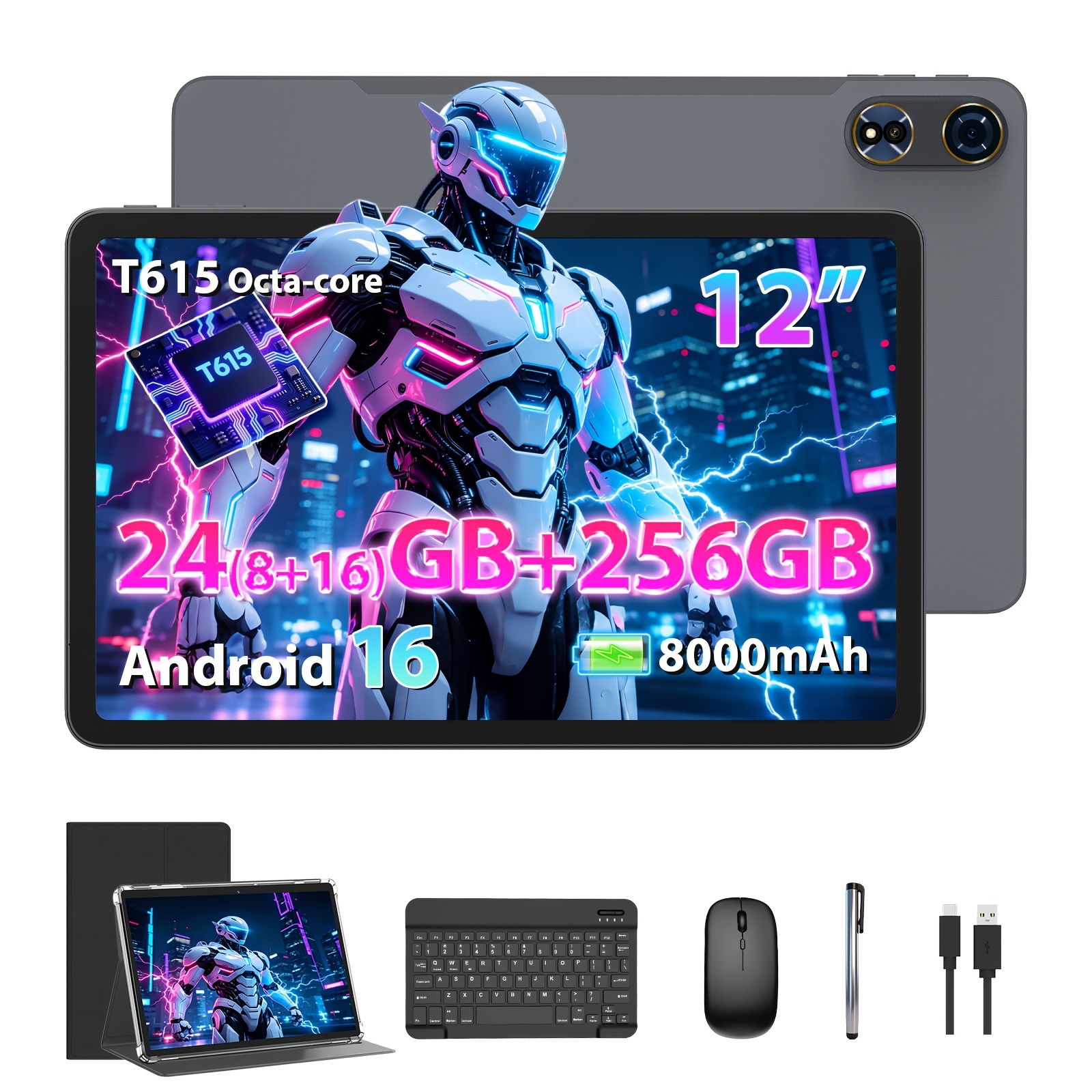 Image of 12 Inch Tablet, 24gb(8+16) , 256gb Rom, T615 -core, 8000mah, 2-in-1 Tablet Pc With Keyboard, Wireless Mouse, Case, Stylus, Great For Movies, Reading, Needs, Study, Gift, Pad